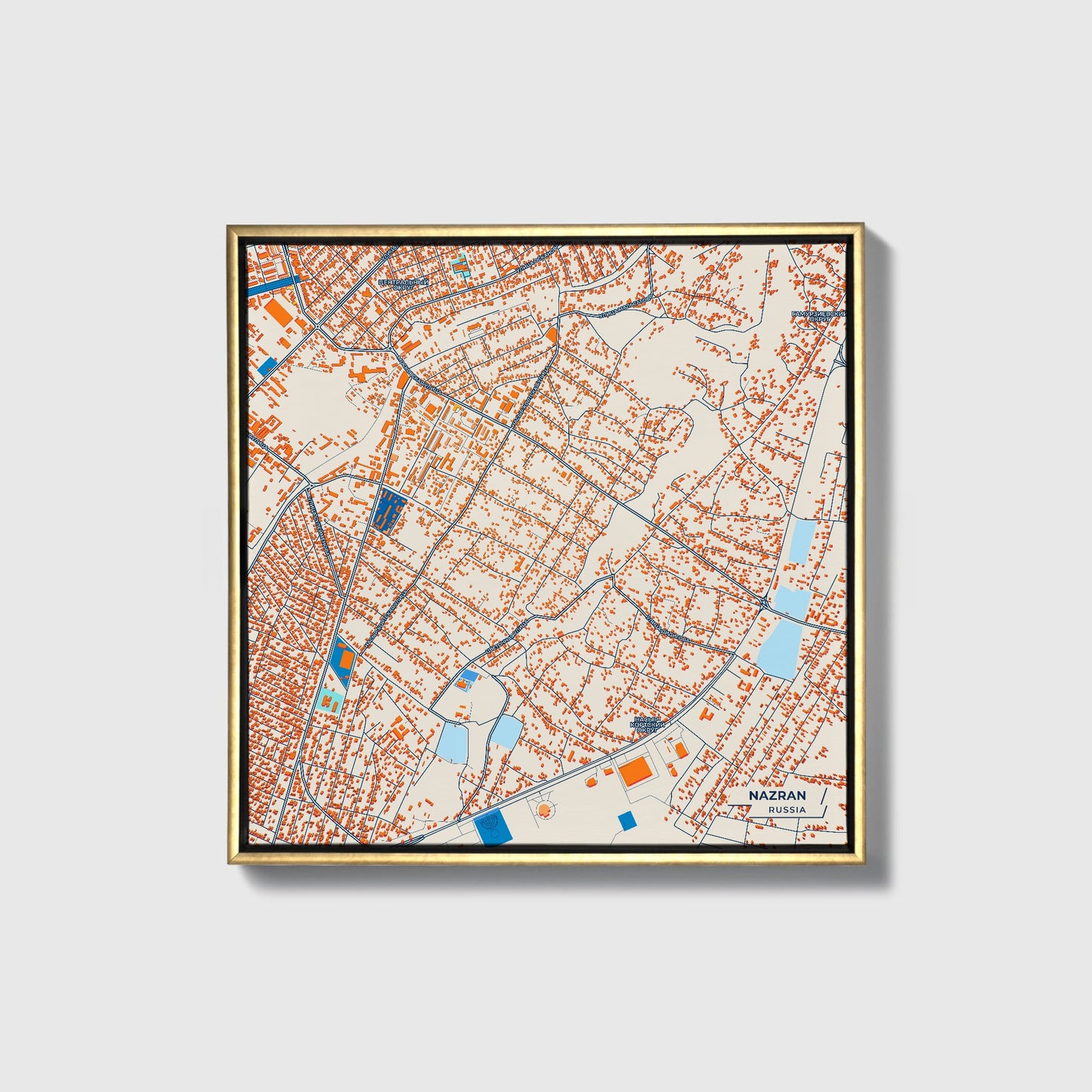 Назрань Russia Colorful City Map Canvas Print • Gold Framed