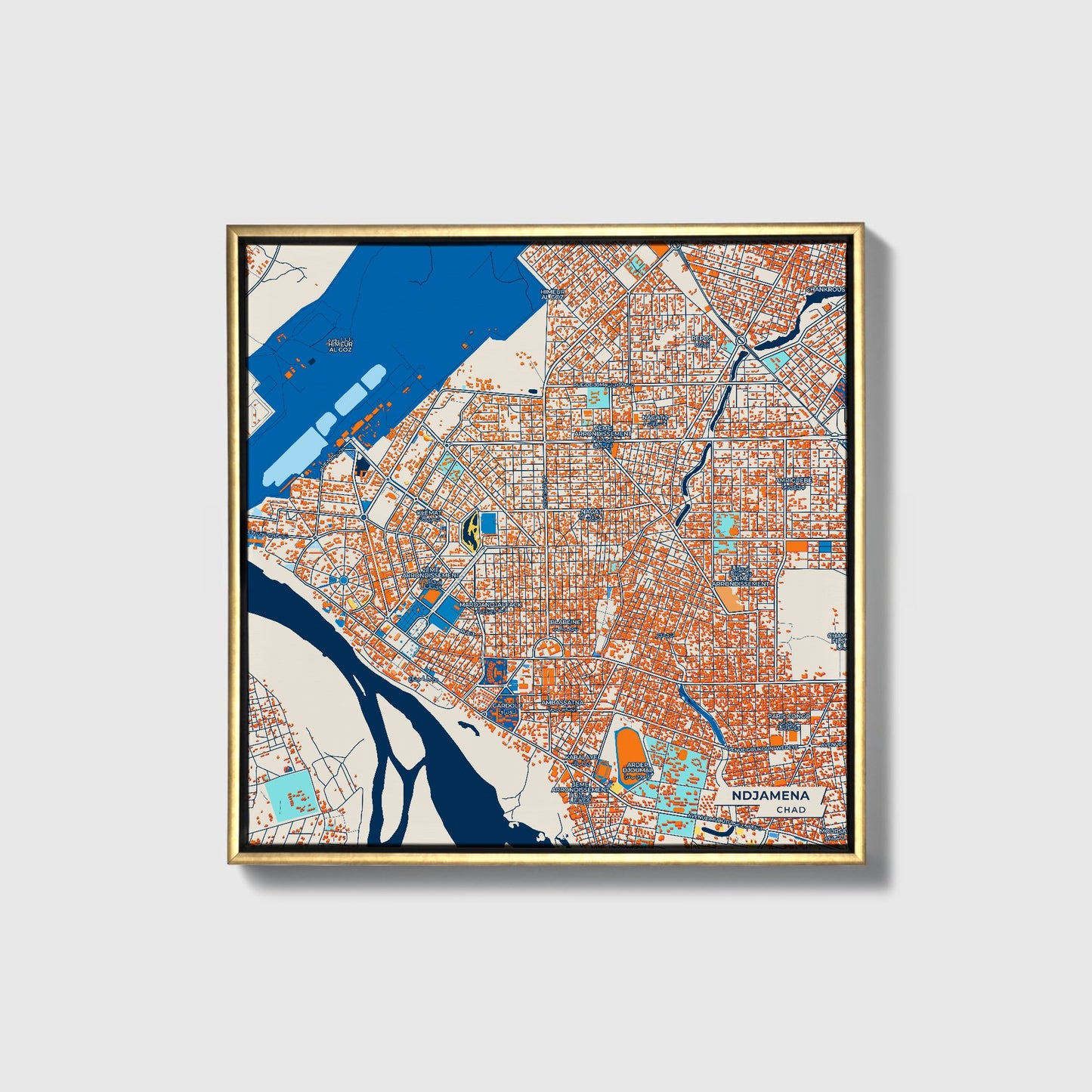 Ndjamena Chad Colorful City Map Canvas Print • Gold Framed