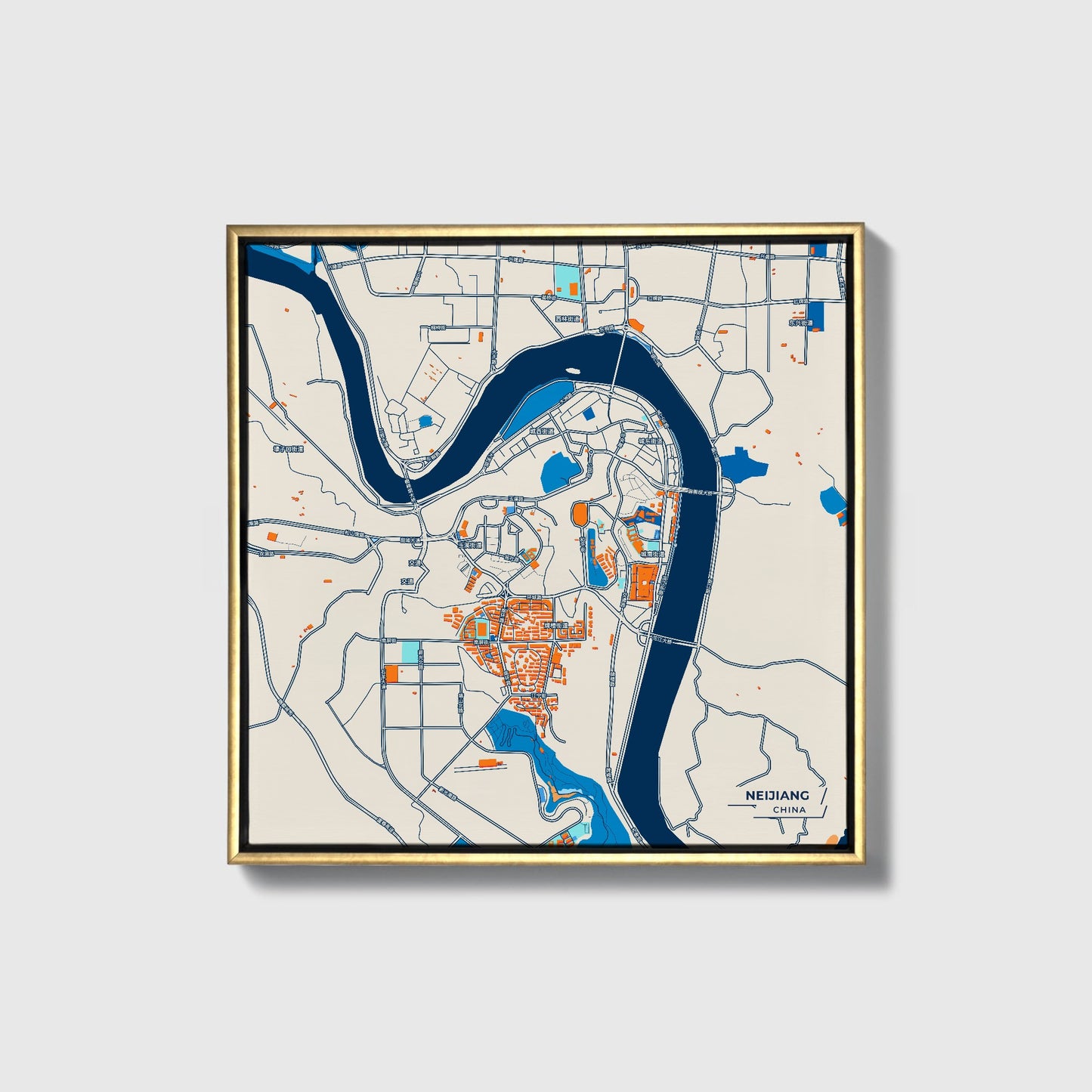 Neijiang China Colorful City Map Canvas Print • Gold Framed