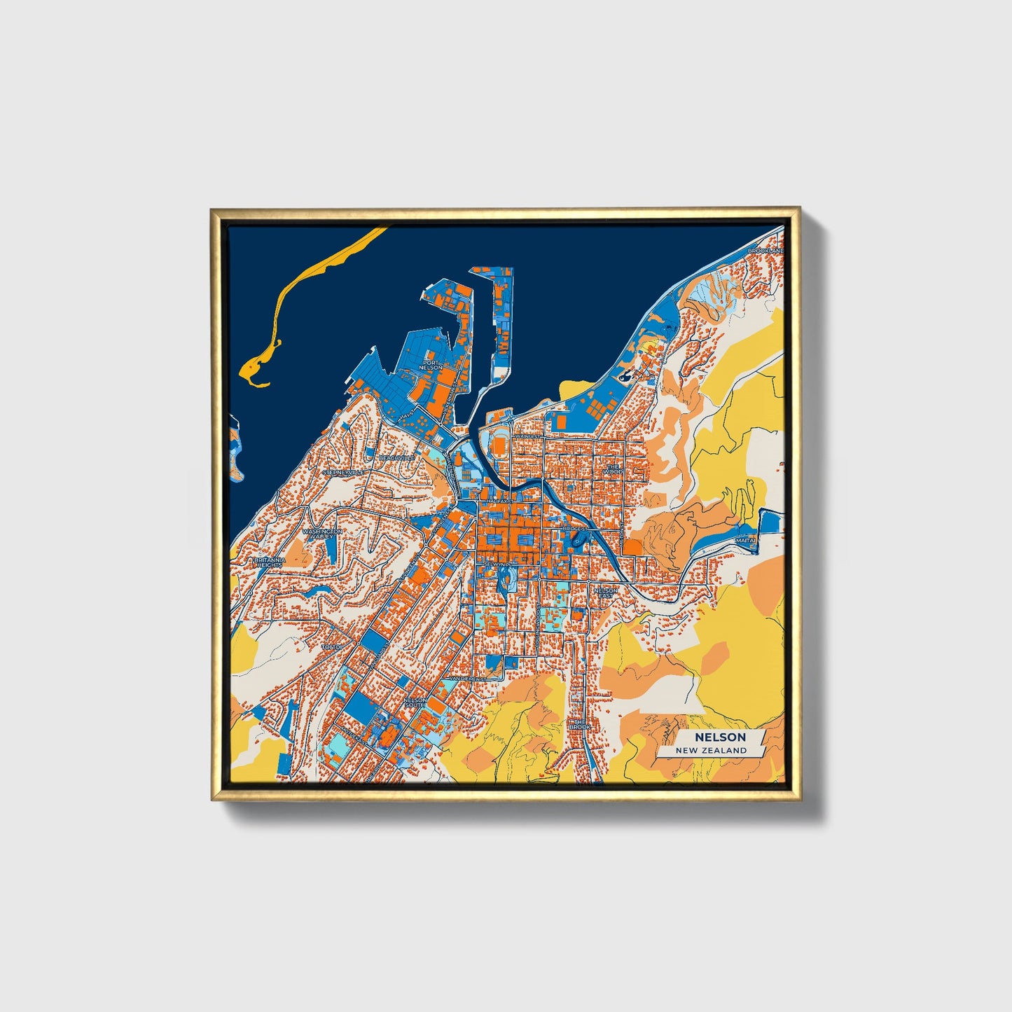 Nelson New Zealand Colorful City Map Canvas Print • Gold Framed