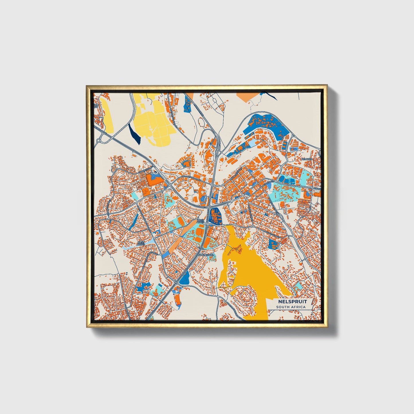 Nelspruit South Africa Colorful City Map Canvas Print • Gold Framed