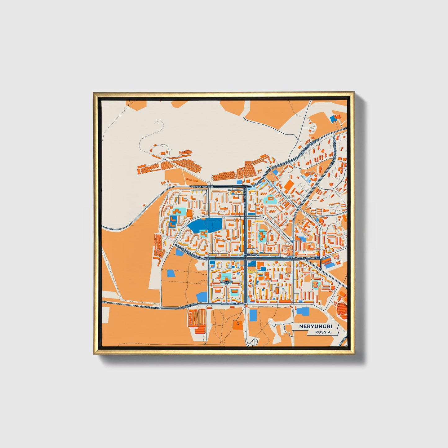 Нерюнгри: Russia Colorful City Map Canvas Print • Gold Framed
