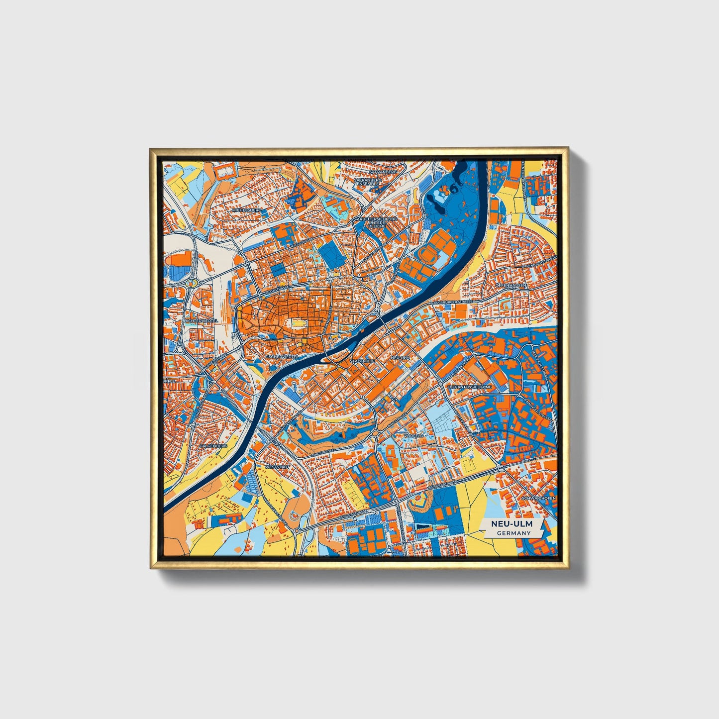 Neu-Ulm Germany Colorful City Map Canvas Print • Gold Framed