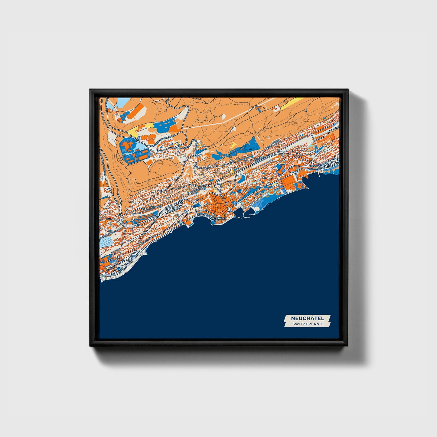 Neuchâtel Switzerland Colorful City Map Canvas Print • Black Framed
