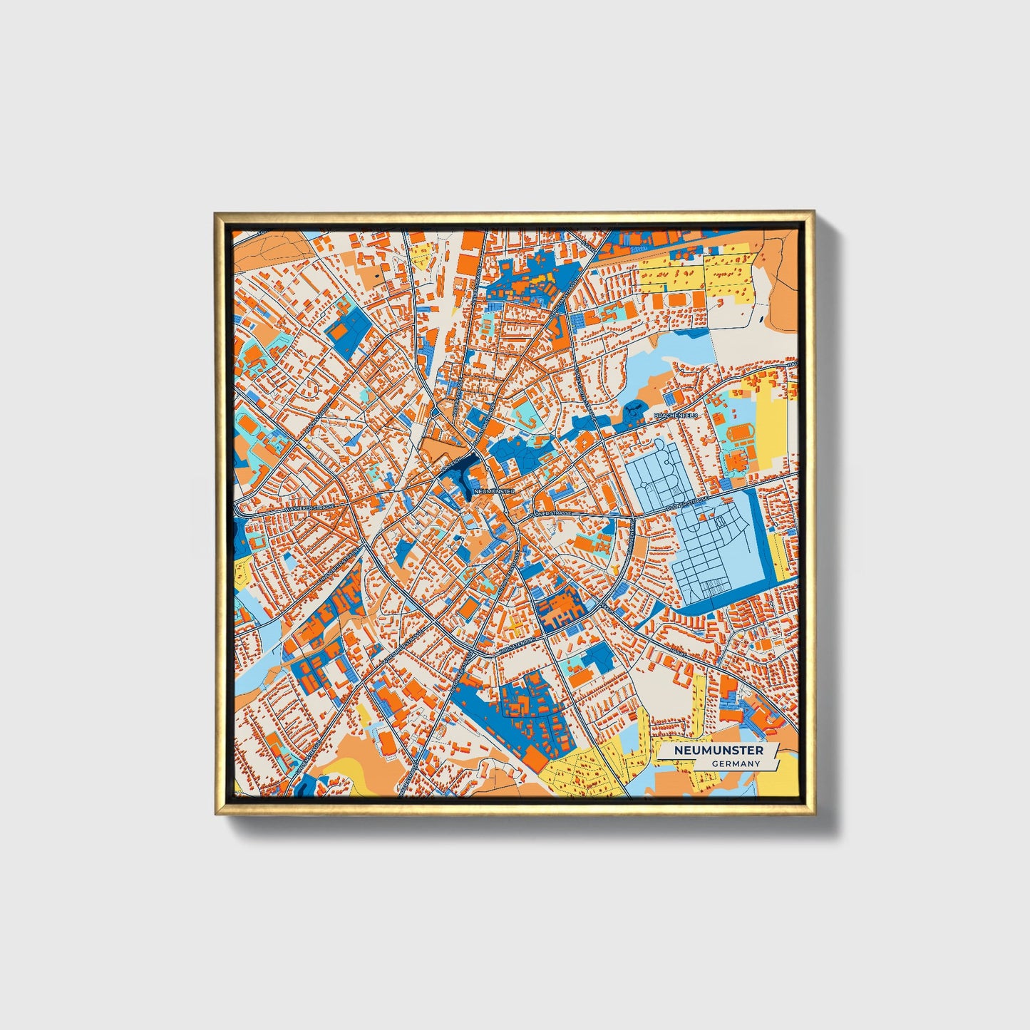 Neumünster Germany Colorful City Map Canvas Print • Gold Framed