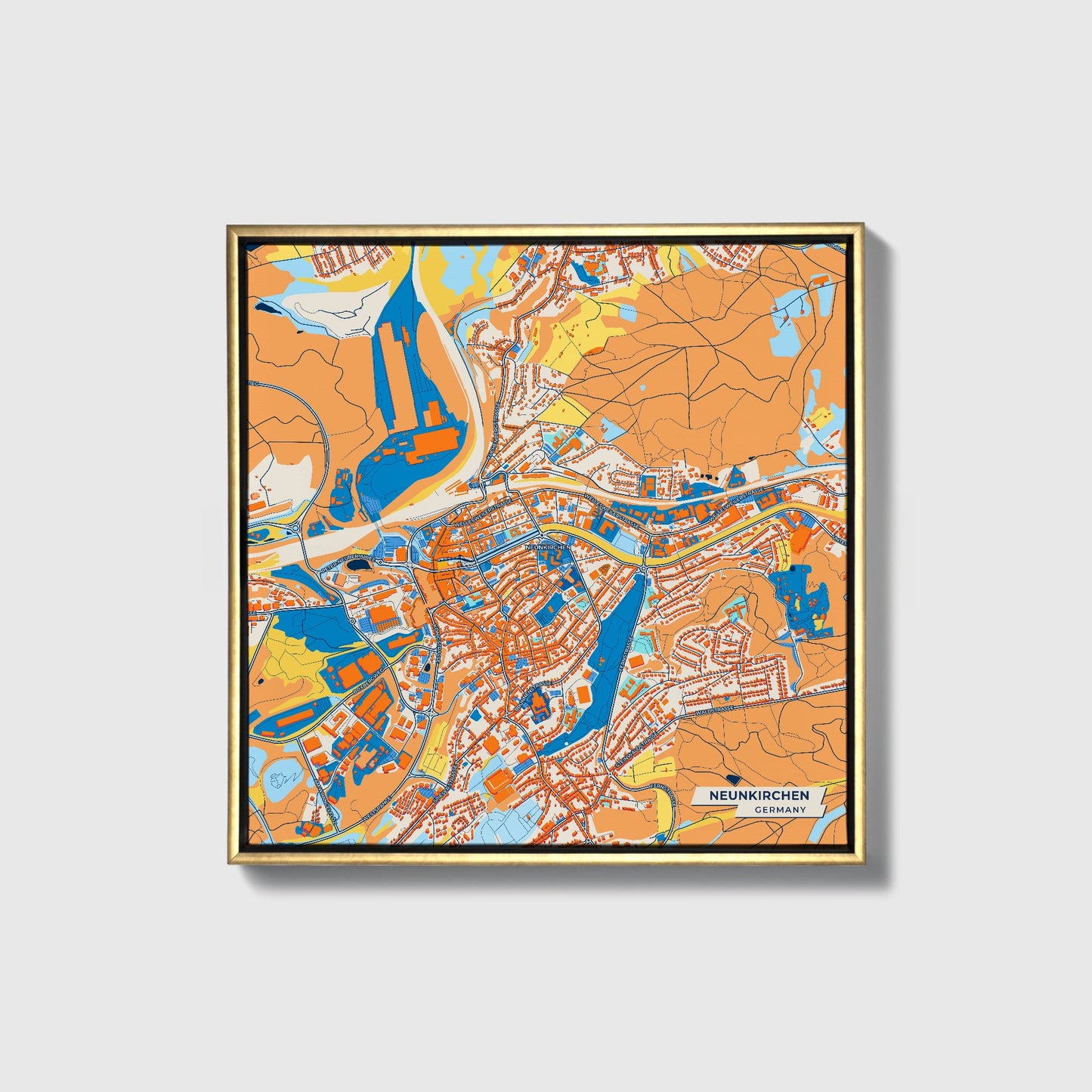Neunkirchen Germany Colorful City Map Canvas Print • Gold Framed