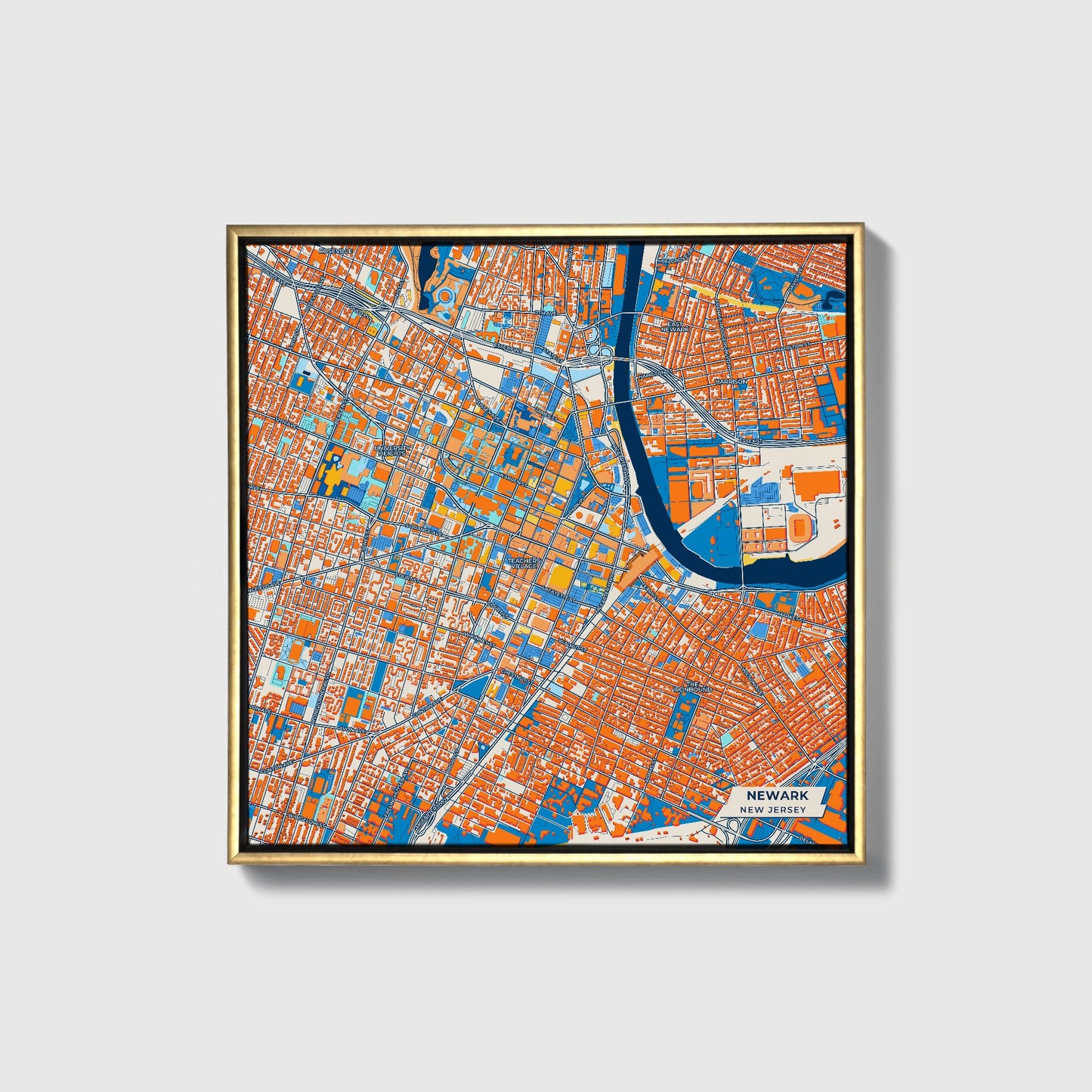 Newark New Jersey Colorful City Map Canvas Print • Gold Framed