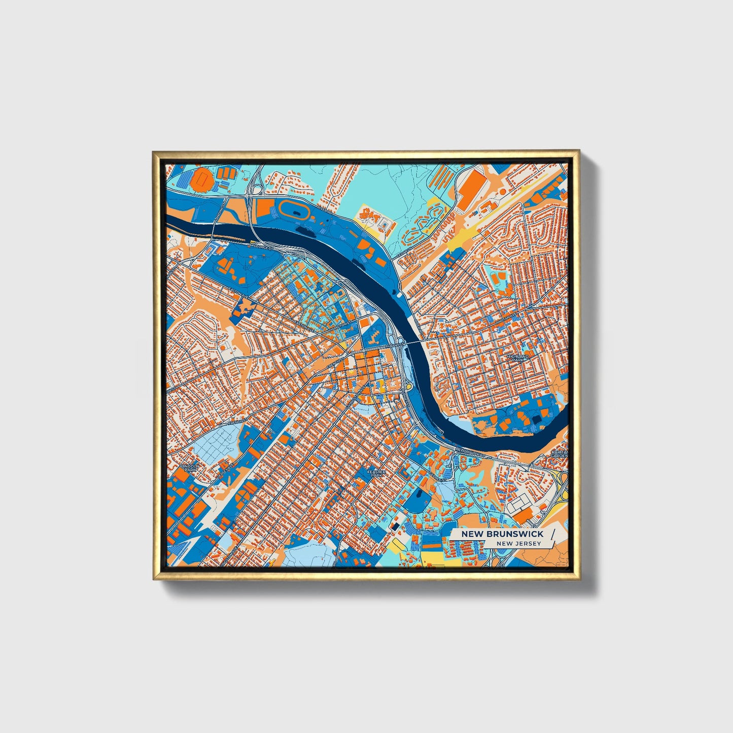 New Brunswick New Jersey Colorful City Map Canvas Print • Gold Framed