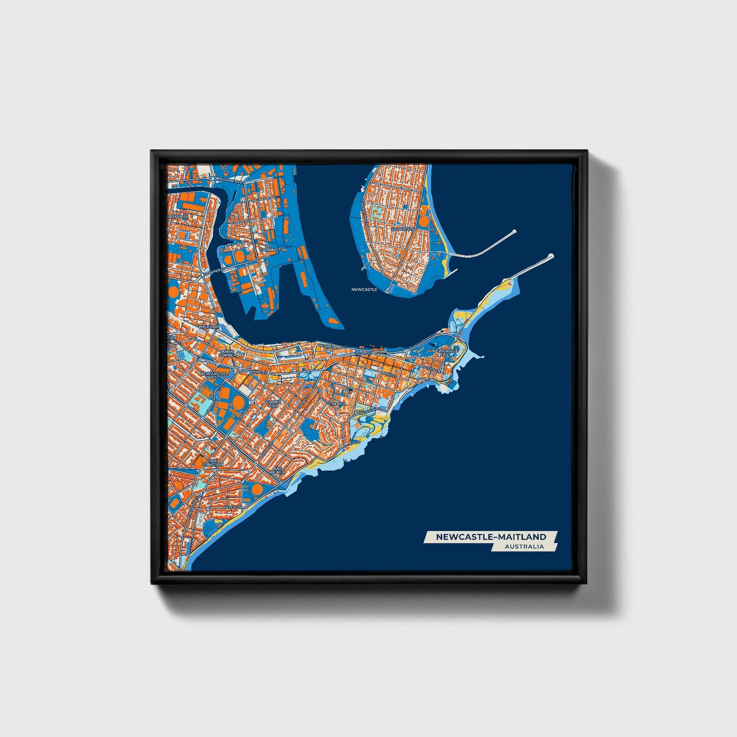 Newcastle–Maitland Australia Colorful City Map Canvas Print • Black Framed