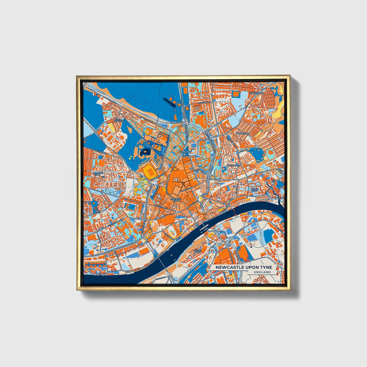 Newcastle Upon Tyne England Colorful City Map Canvas Print • Gold Framed