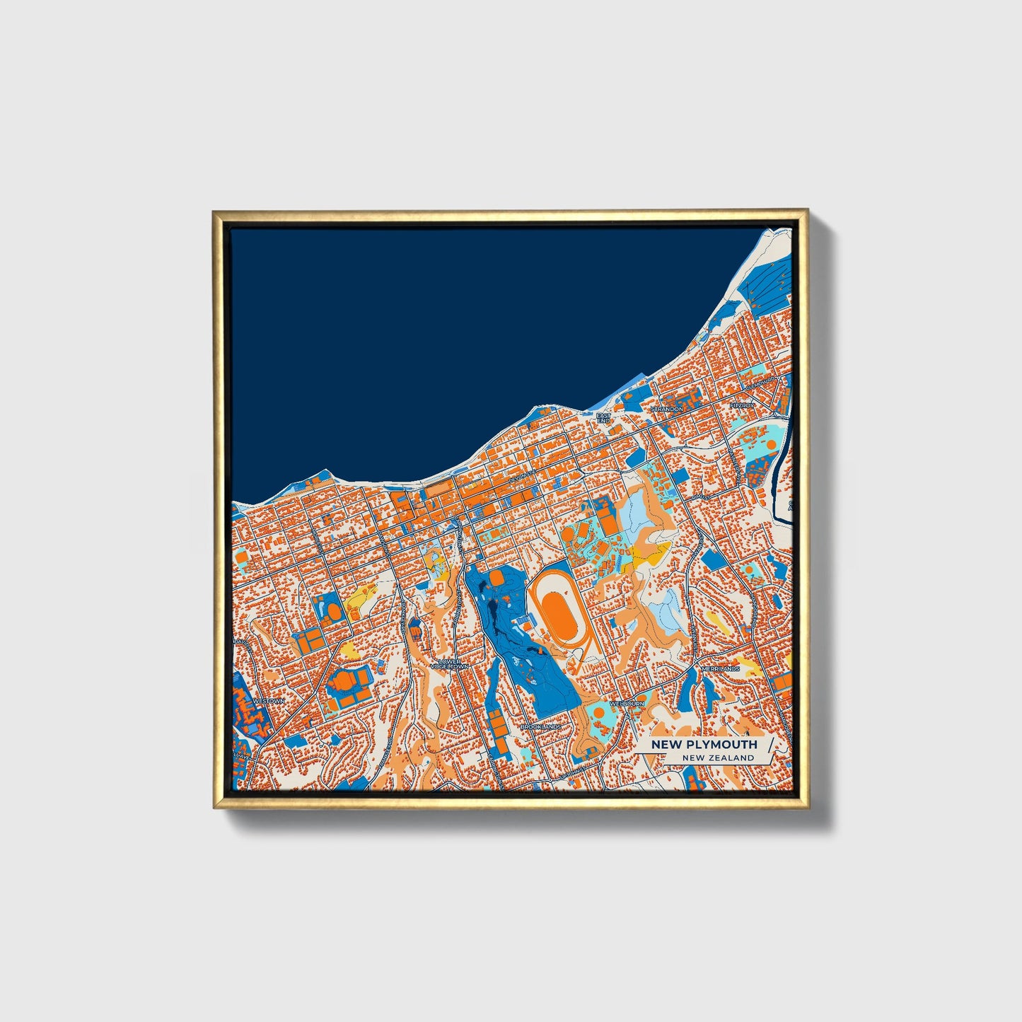 New Plymouth New Zealand Colorful City Map Canvas Print • Gold Framed
