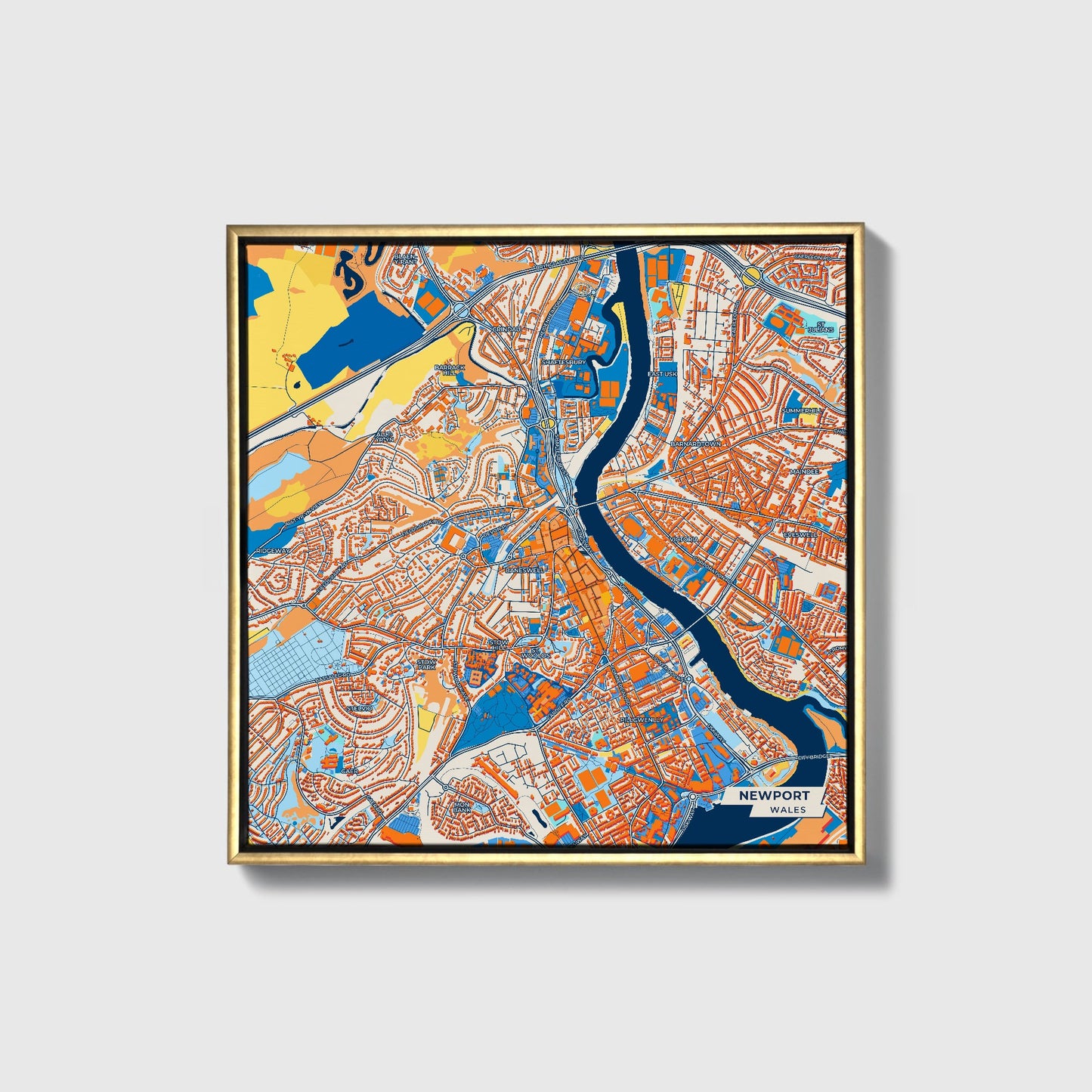 Newport Wales Colorful City Map Canvas Print • Gold Framed