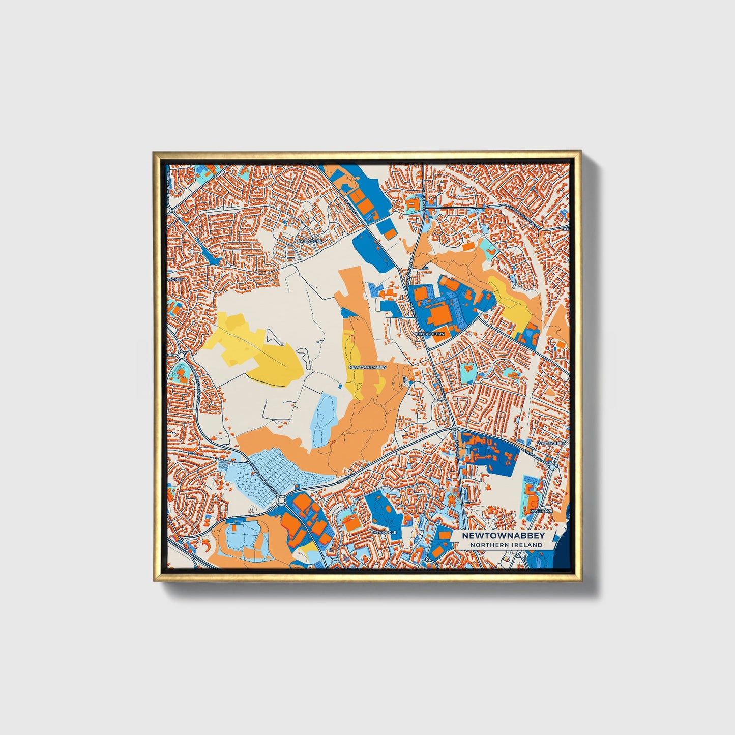 Newtownabbey Northern Ireland Colorful City Map Canvas Print • Gold Framed