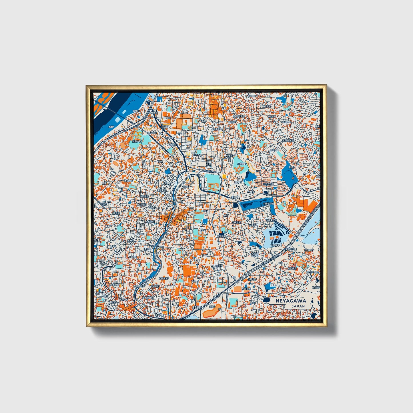 Neyagawa Japan Colorful City Map Canvas Print • Gold Framed