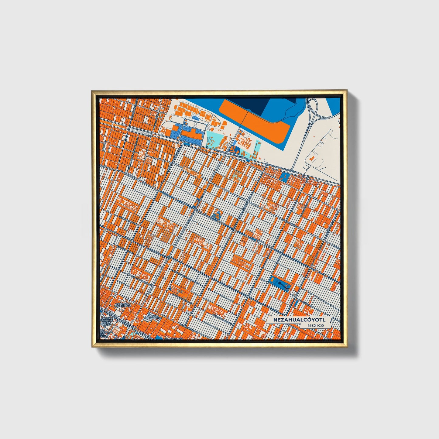 Nezahualcóyotl Mexico Colorful City Map Canvas Print • Gold Framed