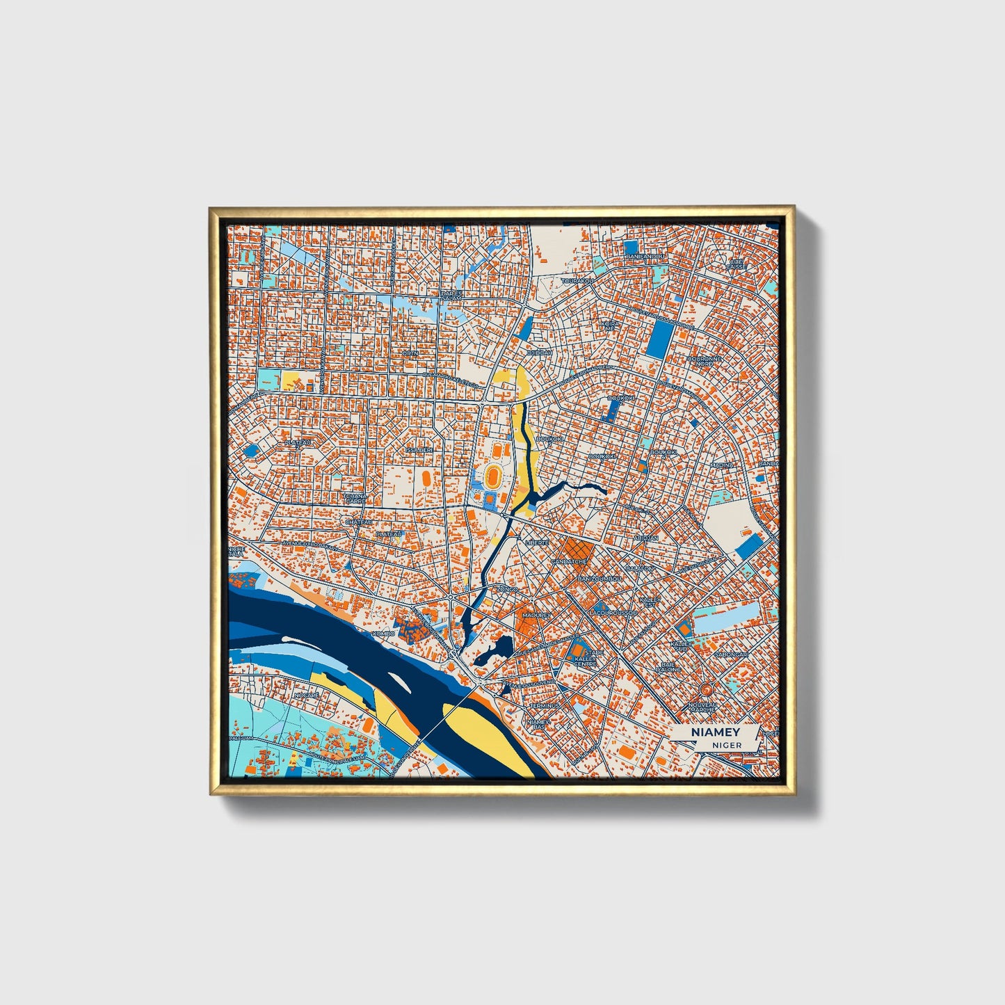 Niamey Niger Colorful City Map Canvas Print • Gold Framed