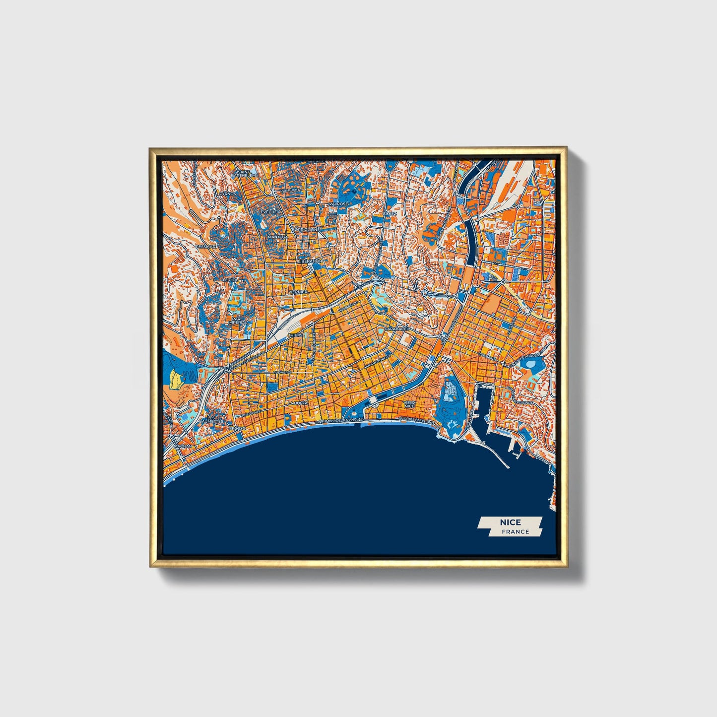 Nice France Colorful City Map Canvas Print • Gold Framed