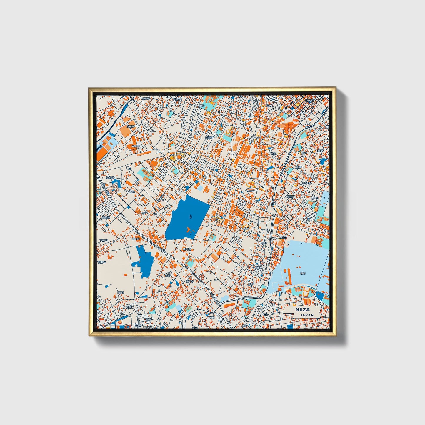 Niiza Japan Colorful City Map Canvas Print • Gold Framed
