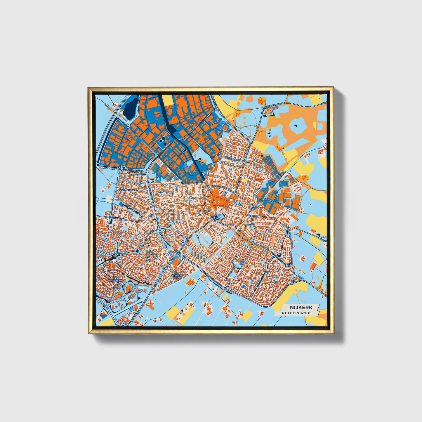 Nijkerk Netherlands Colorful City Map Canvas Print • Gold Framed
