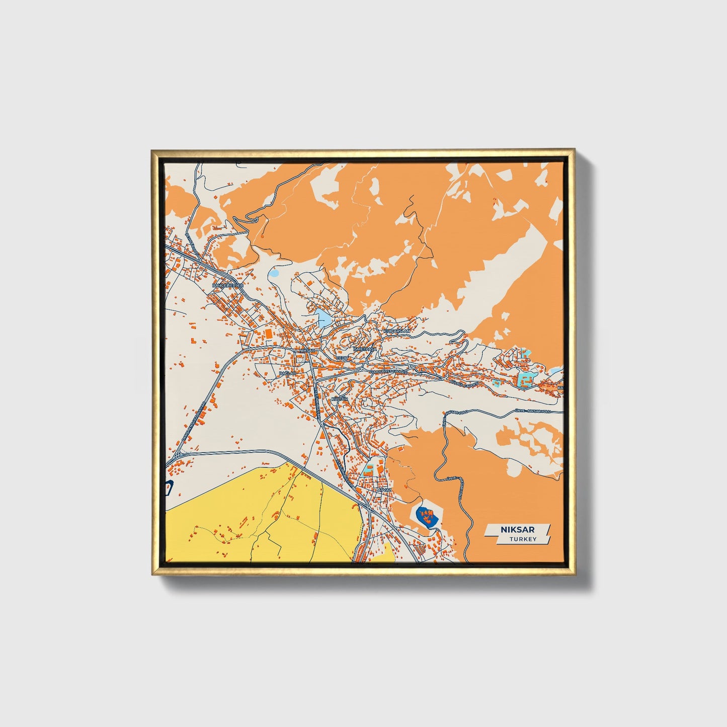 Ni̇ksar Turkey Colorful City Map Canvas Print • Gold Framed