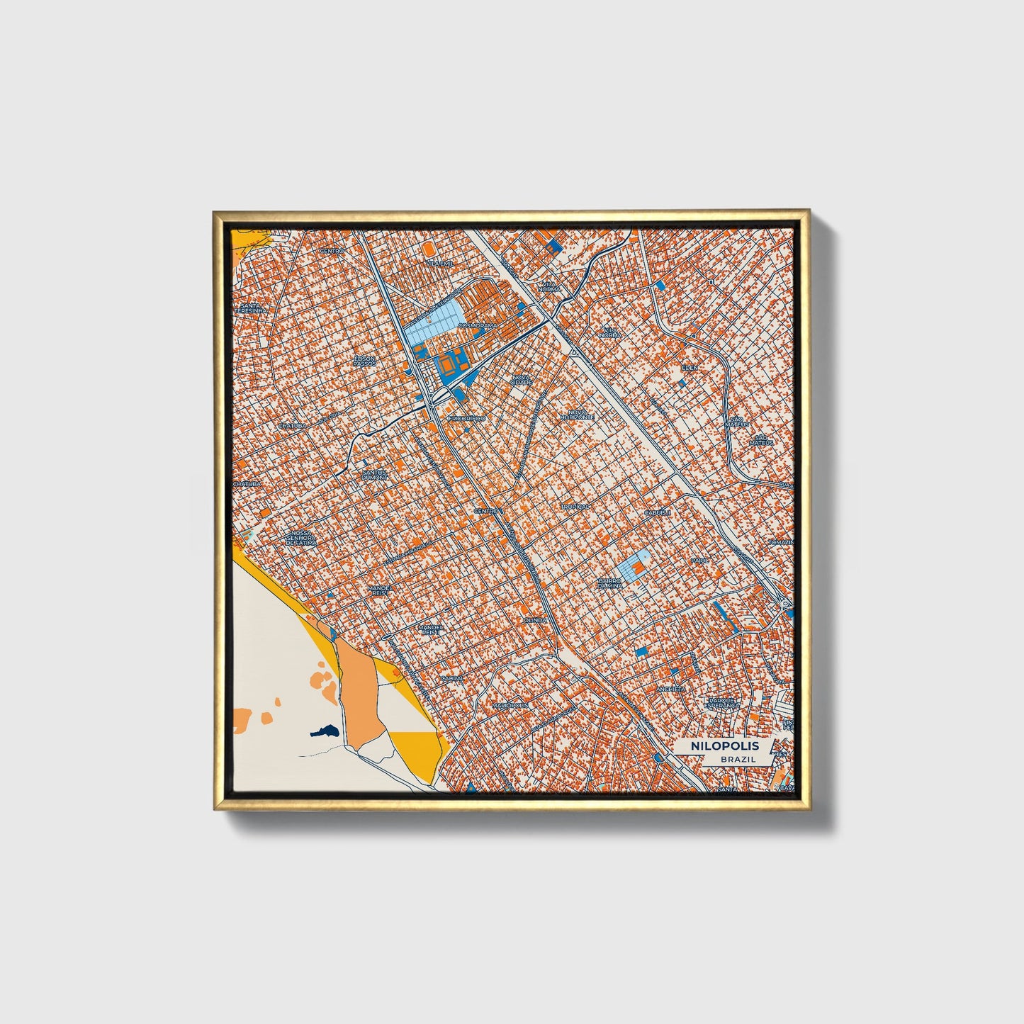 Nilopolis Brazil Colorful City Map Canvas Print • Gold Framed
