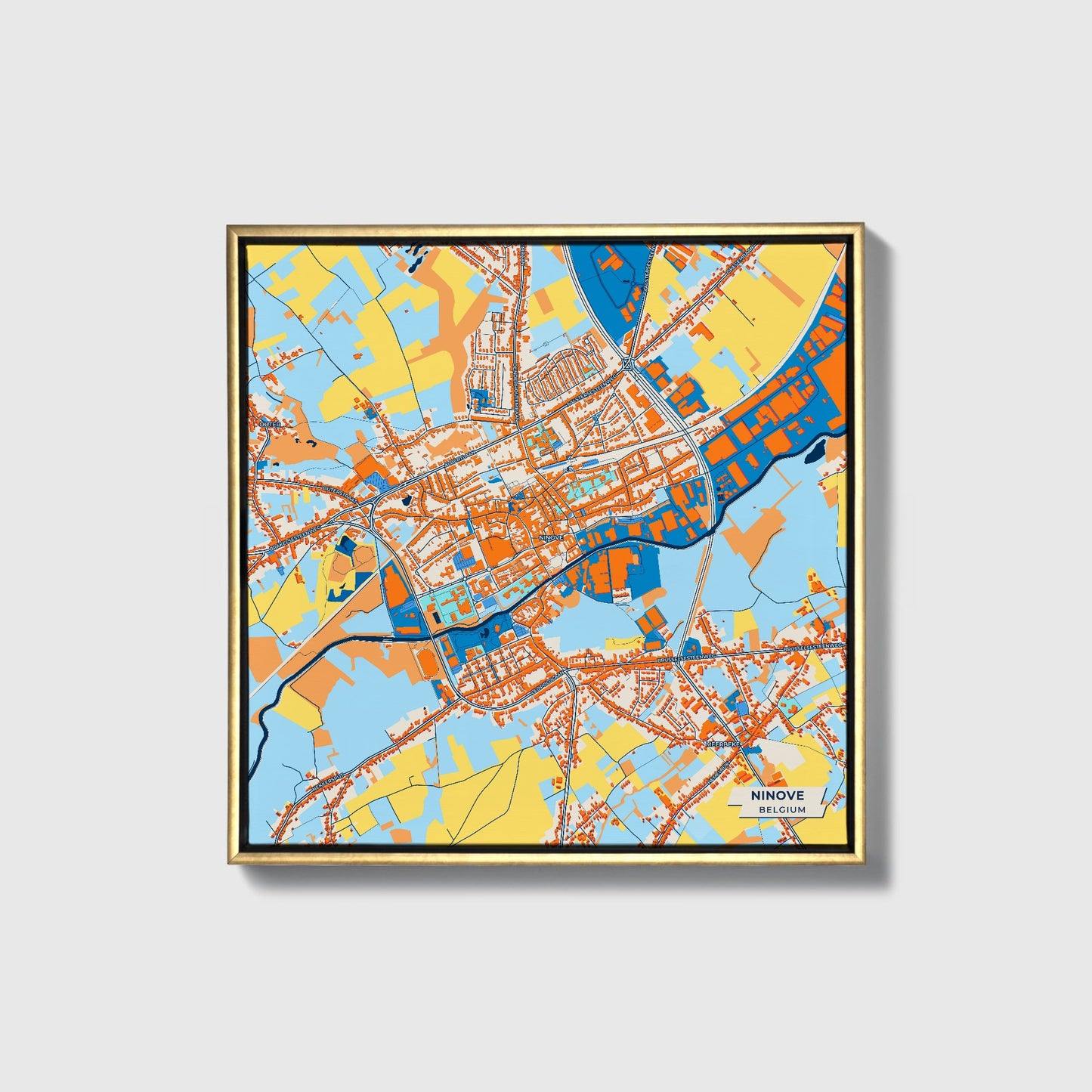 Ninove Belgium Colorful City Map Canvas Print • Gold Framed