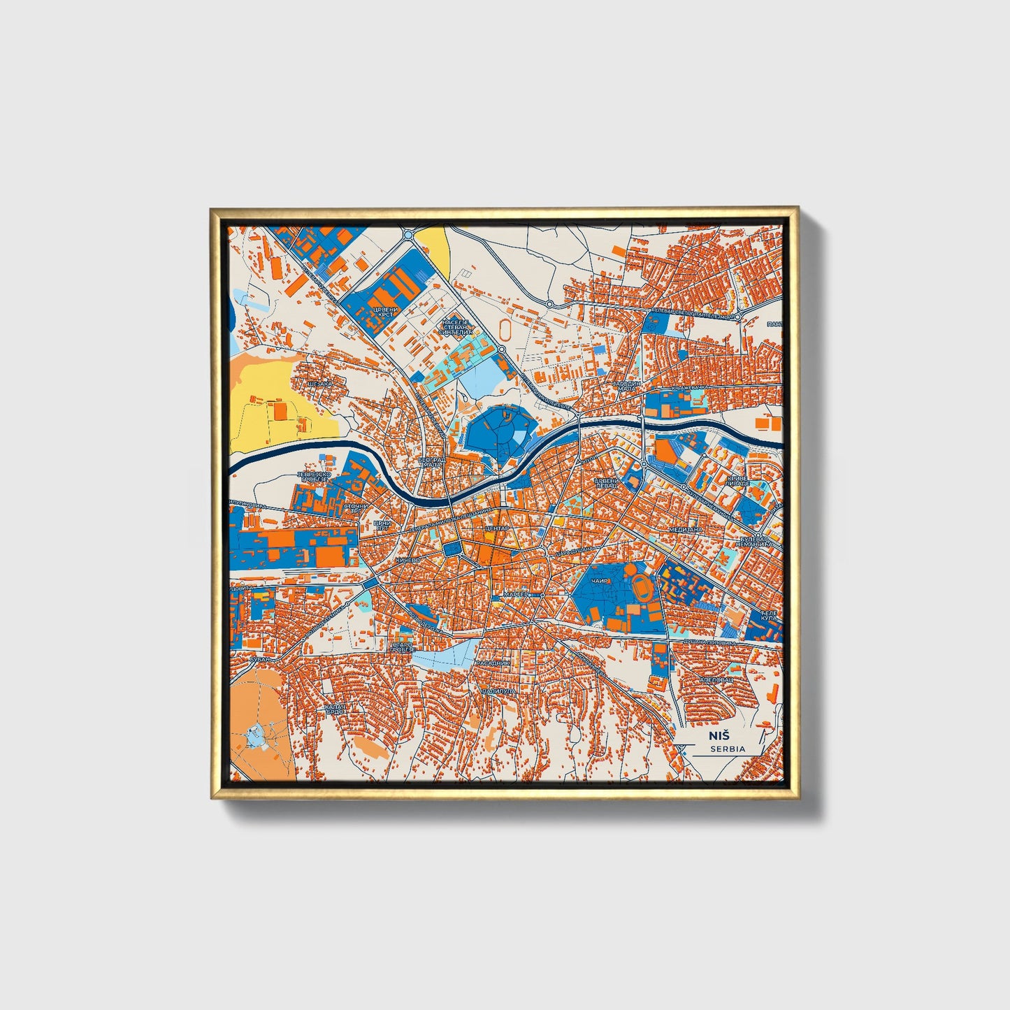 Ниш Serbia Colorful City Map Canvas Print • Gold Framed
