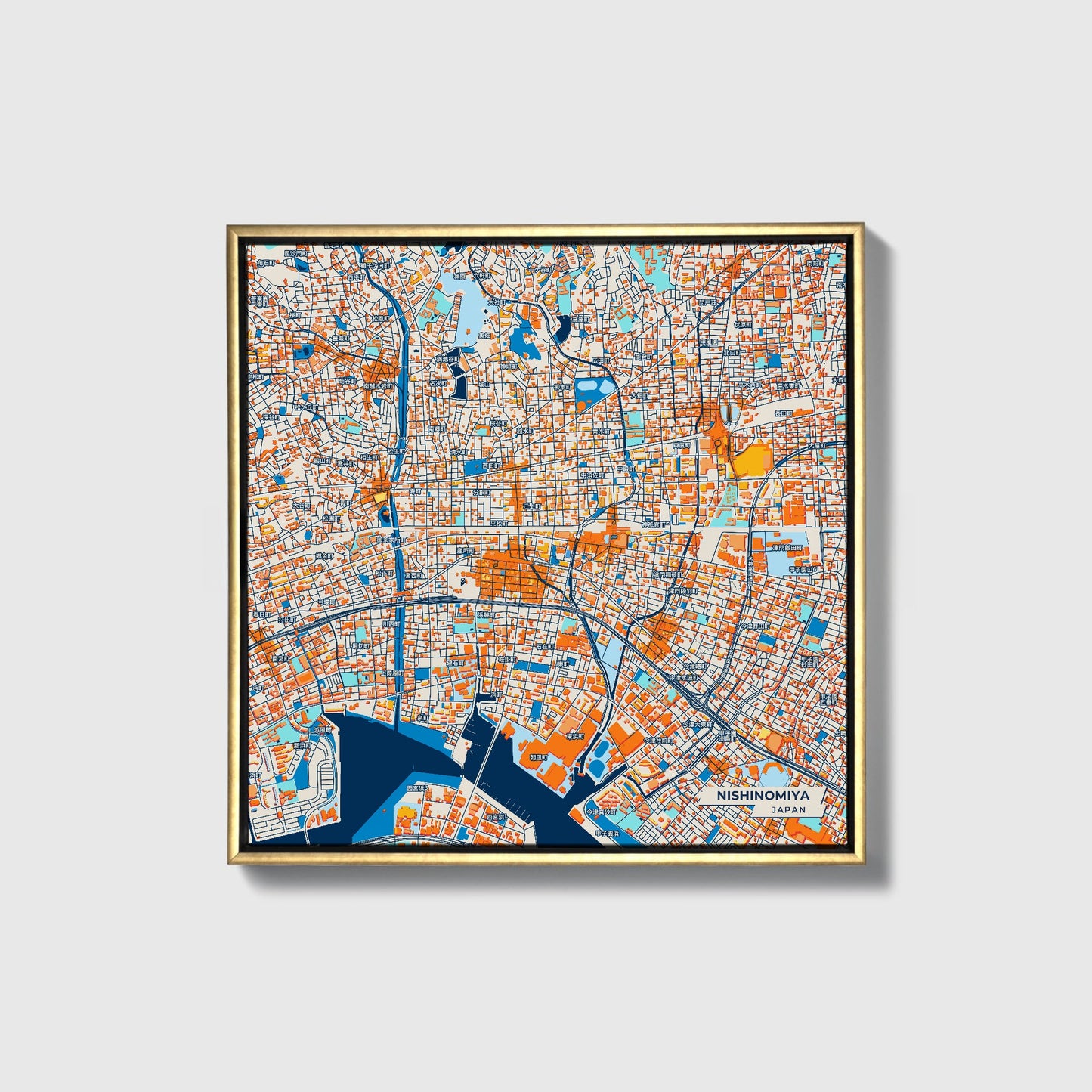 Nishinomiya Japan Colorful City Map Canvas Print • Gold Framed