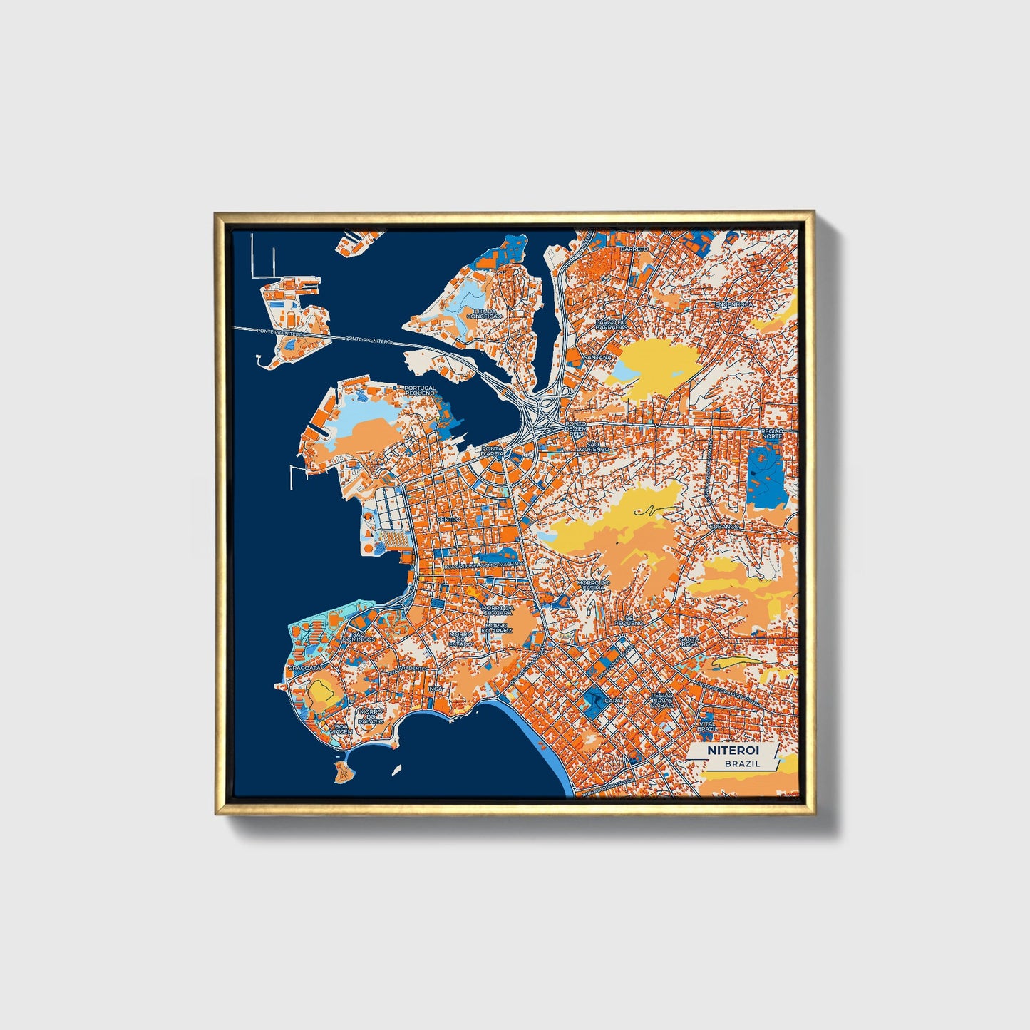 Niteroi Brazil Colorful City Map Canvas Print • Gold Framed