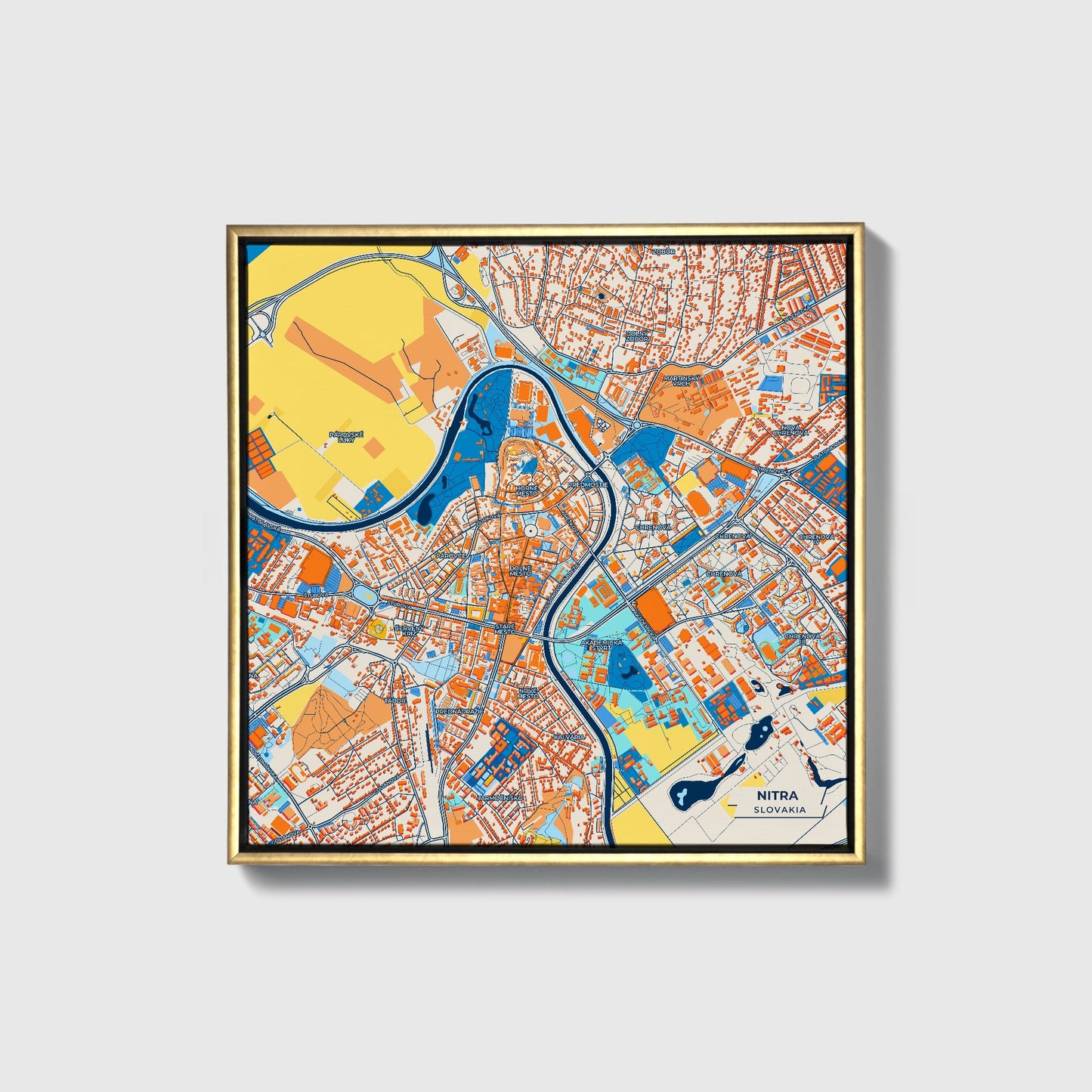 Nitra Slovakia Colorful City Map Canvas Print • Gold Framed