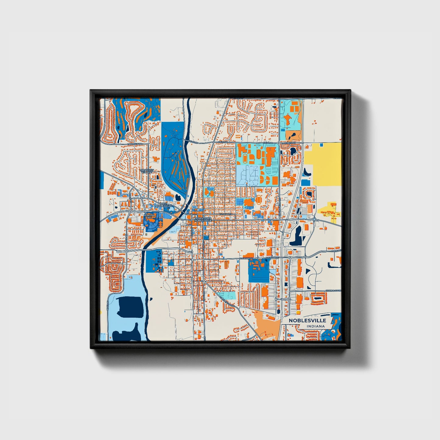 Noblesville Indiana Colorful City Map Canvas Print • Black Framed