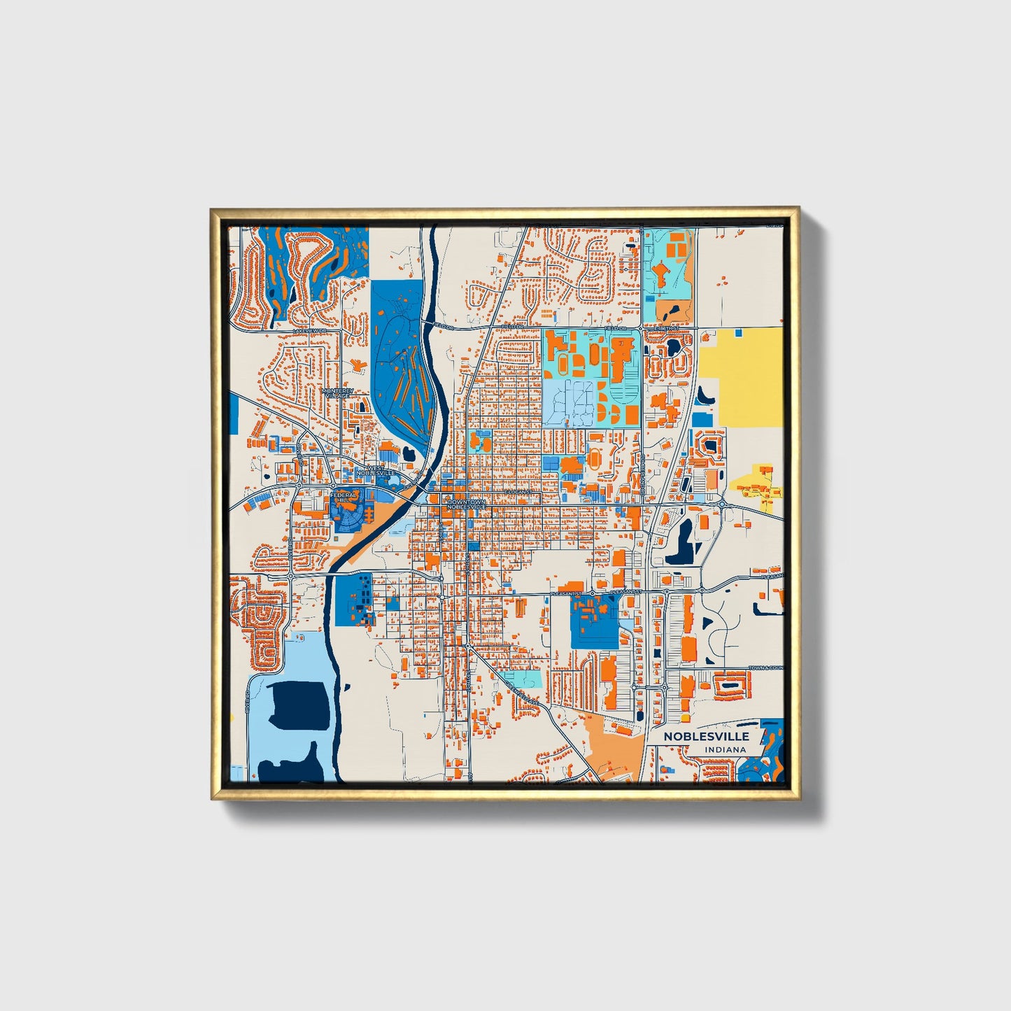 Noblesville Indiana Colorful City Map Canvas Print • Gold Framed