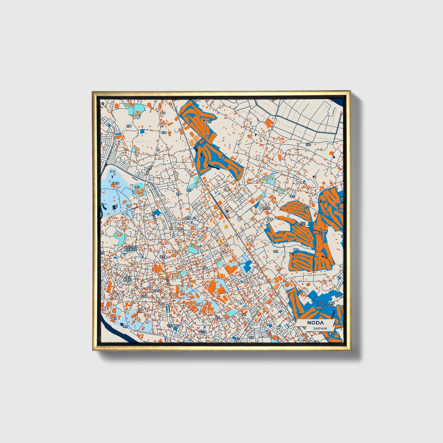 Noda Japan Colorful City Map Canvas Print • Gold Framed