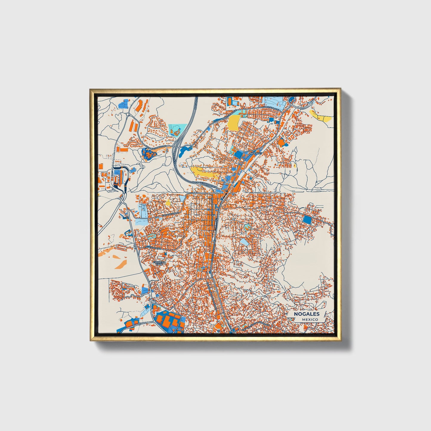 Nogales Mexico Colorful City Map Canvas Print • Gold Framed