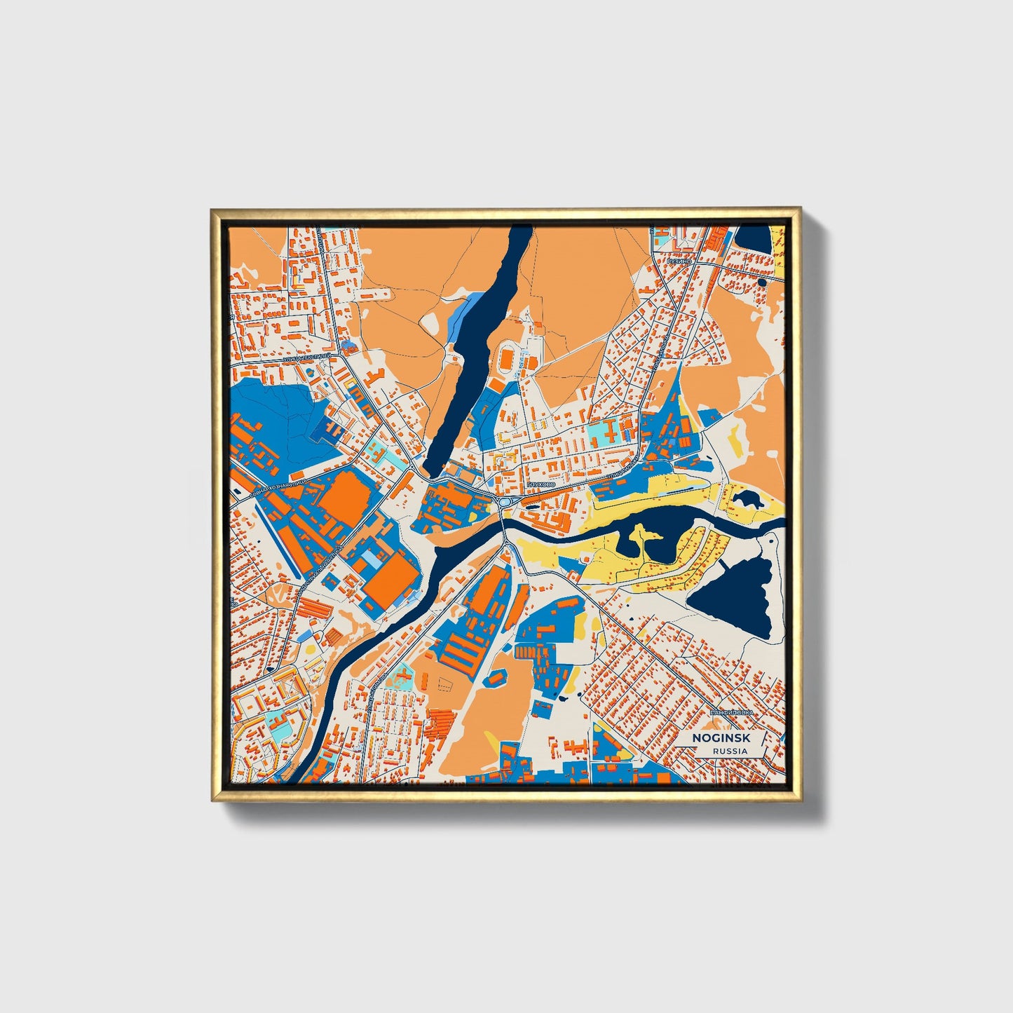 Ногинск Russia Colorful City Map Canvas Print • Gold Framed
