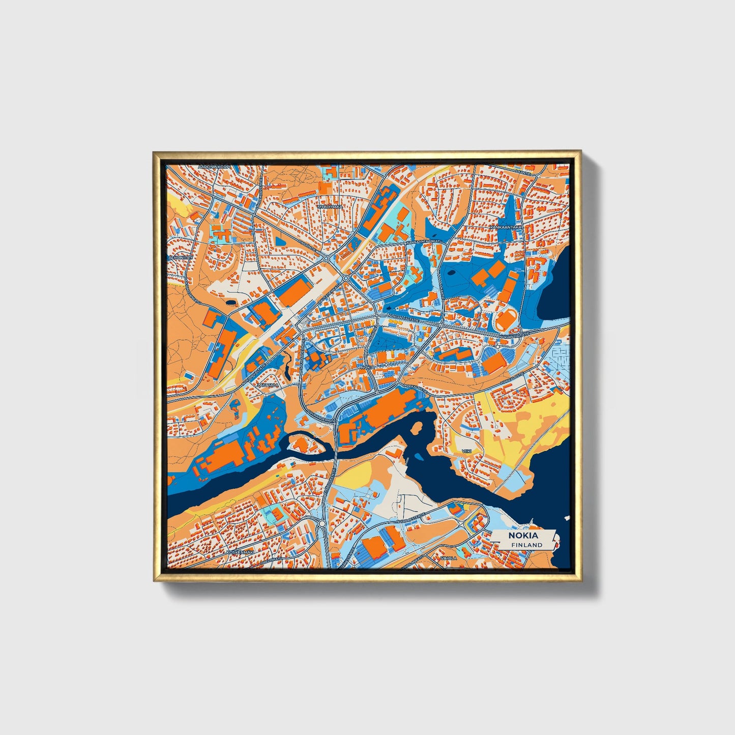 Nokia Finland Colorful City Map Canvas Print • Gold Framed