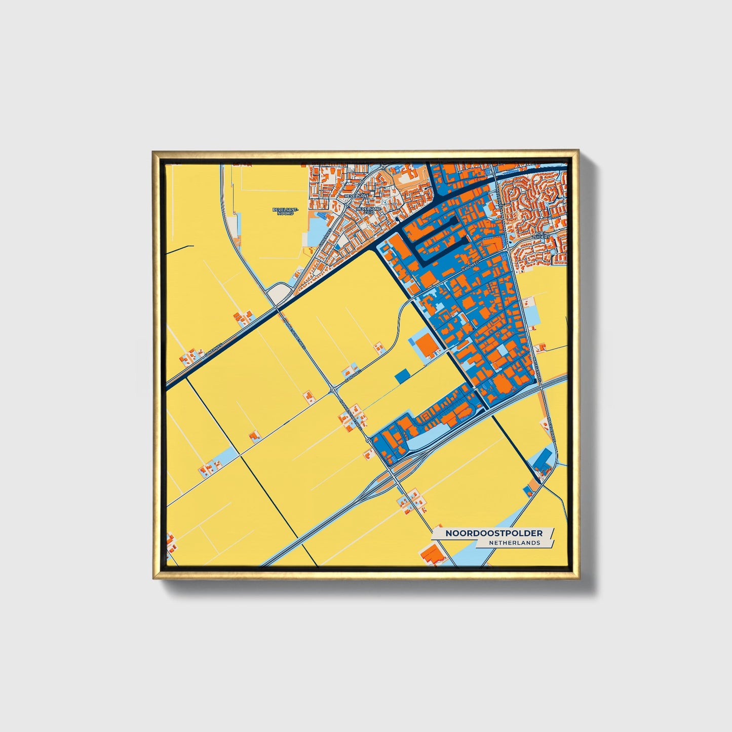 Noordoostpolder Netherlands Colorful City Map Canvas Print • Gold Framed