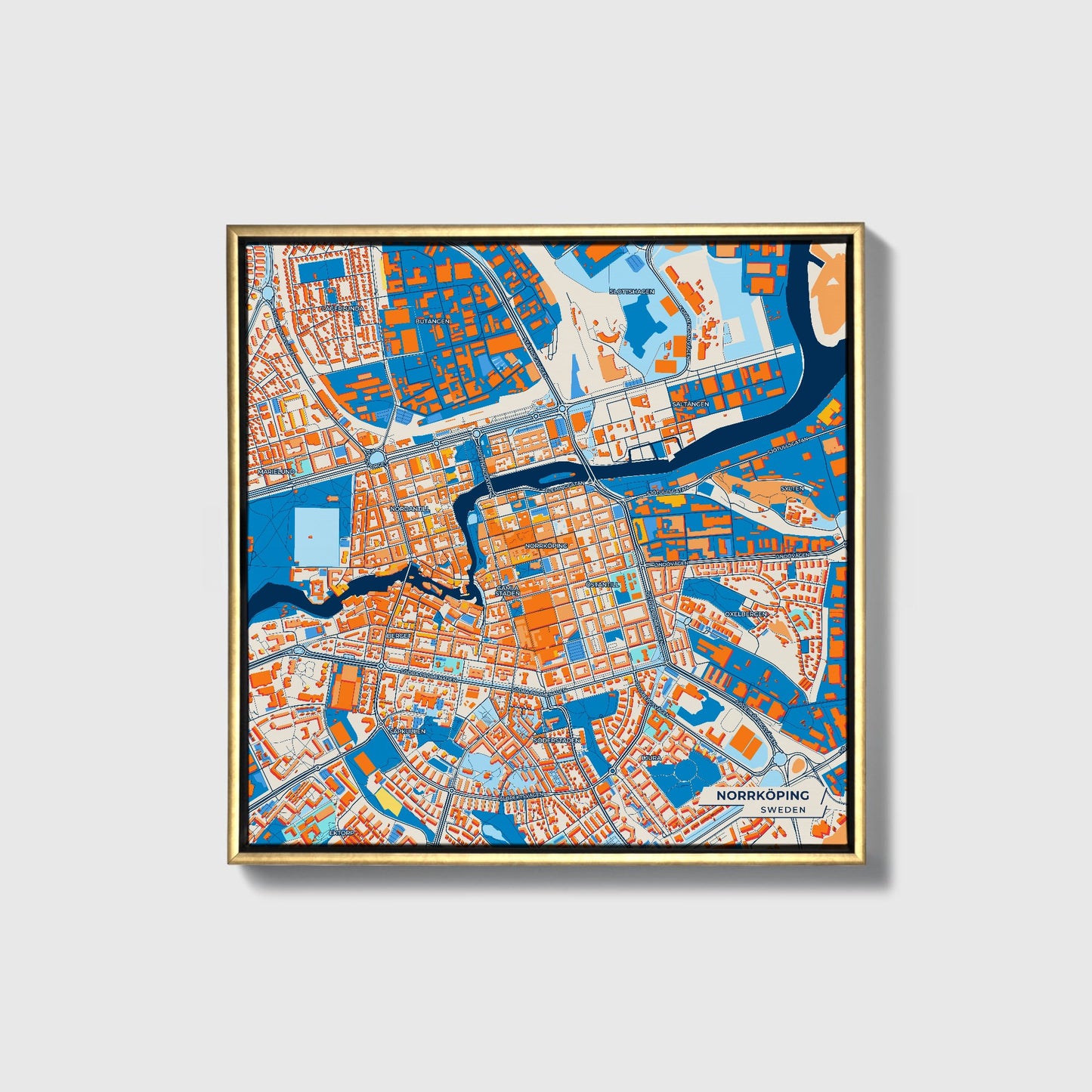 Norrköping Sweden Colorful City Map Canvas Print • Gold Framed