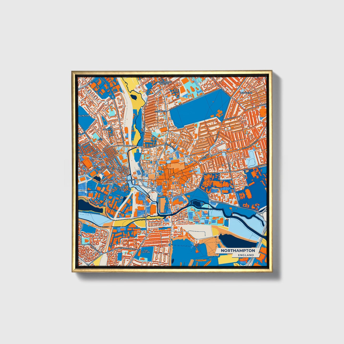 Northampton England Colorful City Map Canvas Print • Gold Framed