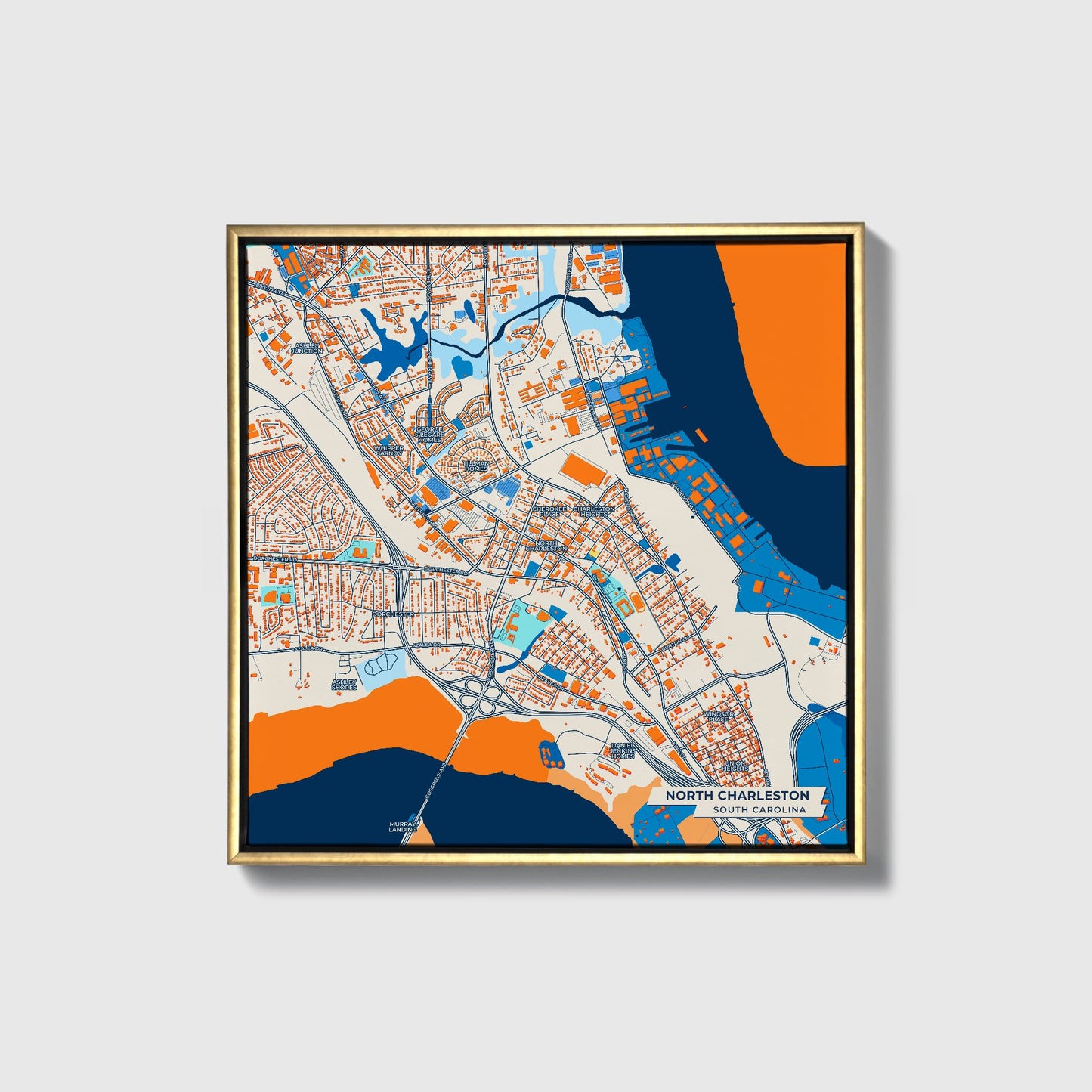 North Charleston South Carolina Colorful City Map Canvas Print • Gold Framed