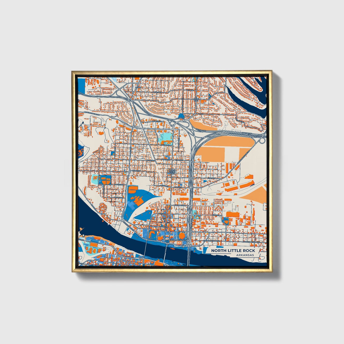 North Little Rock Arkansas Colorful City Map Canvas Print • Gold Framed