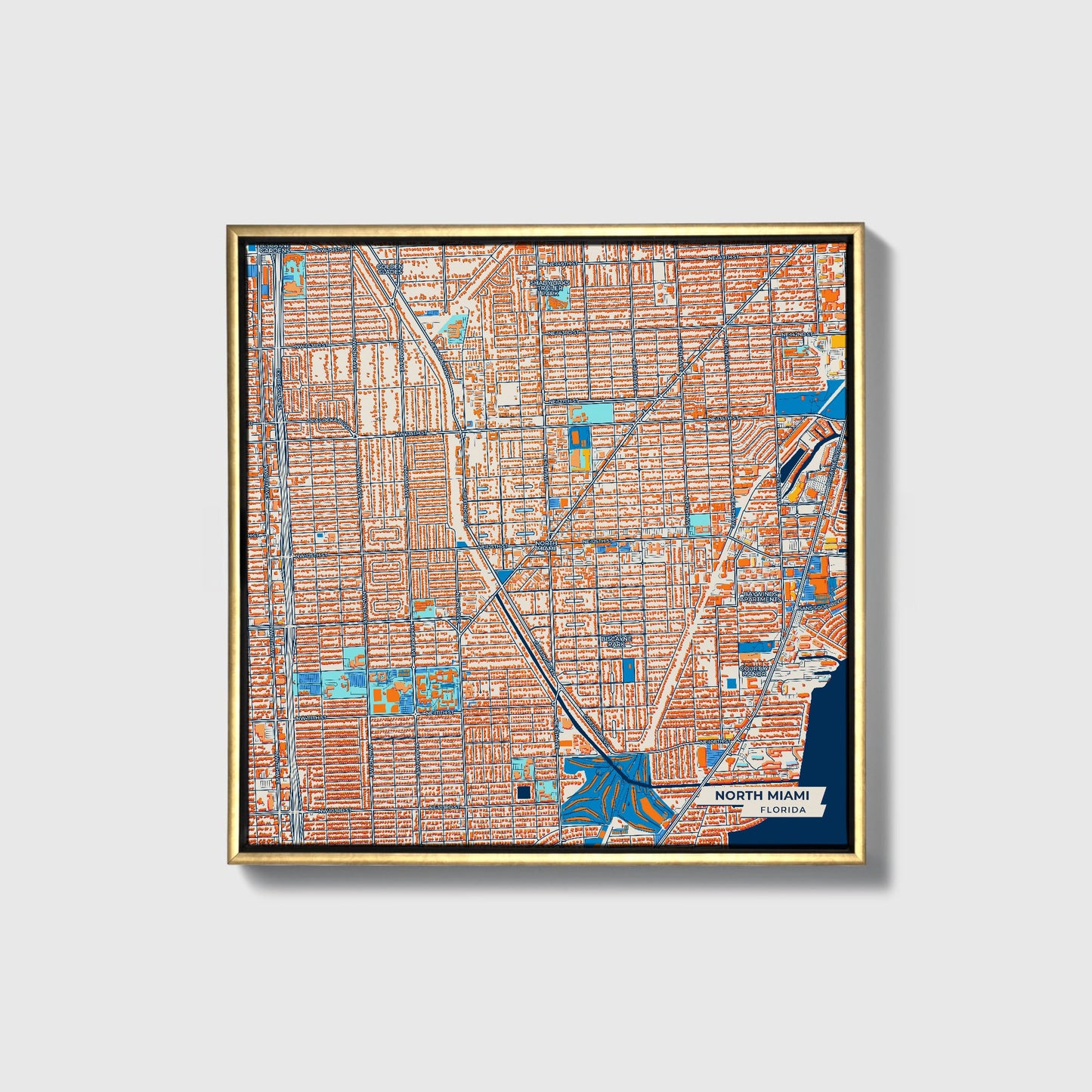 North Miami Florida Colorful City Map Canvas Print • Gold Framed