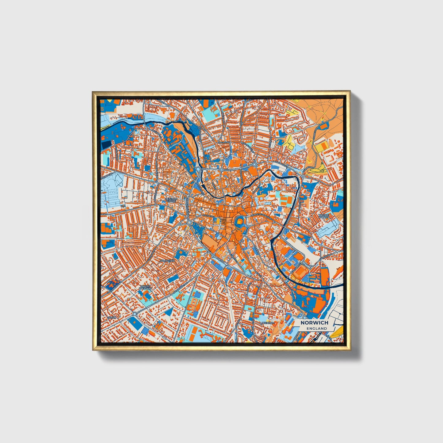Norwich England Colorful City Map Canvas Print • Gold Framed