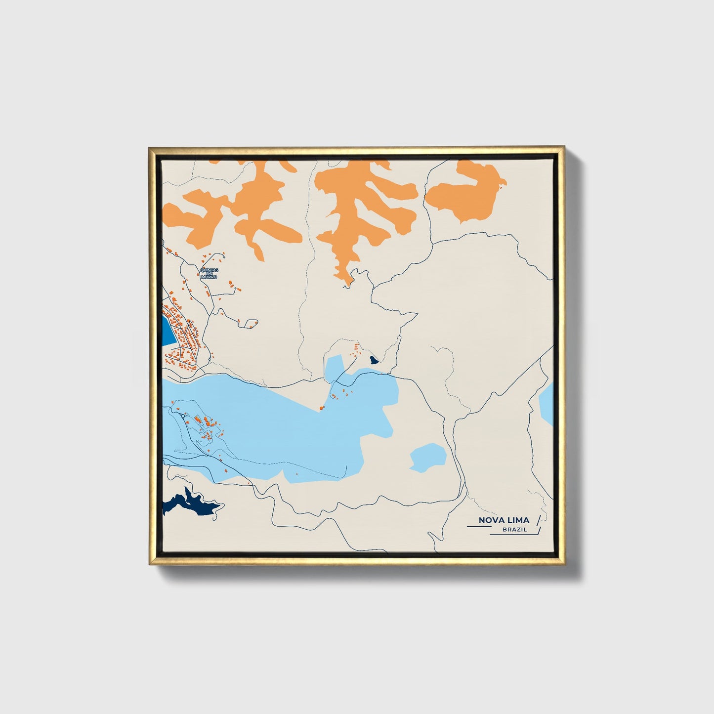 Nova Lima Brazil Colorful City Map Canvas Print • Gold Framed