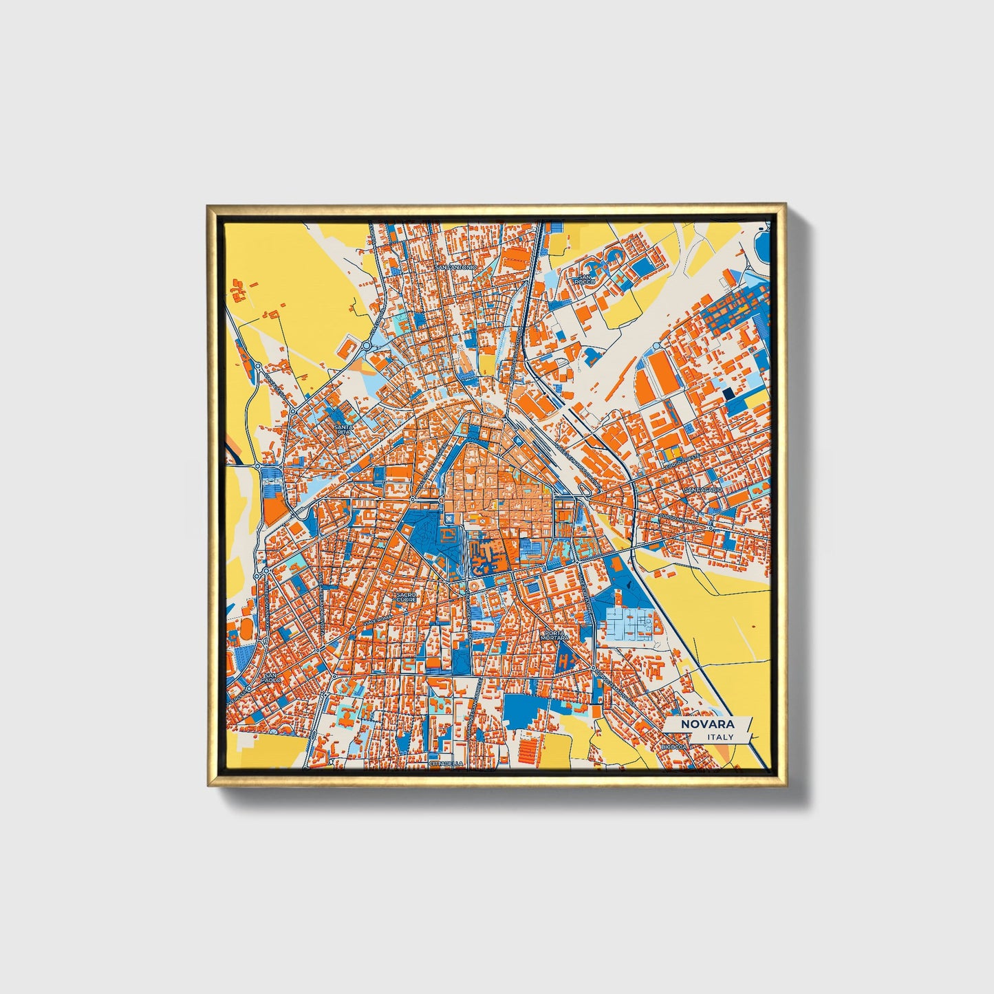 Novara Italy Colorful City Map Canvas Print • Gold Framed