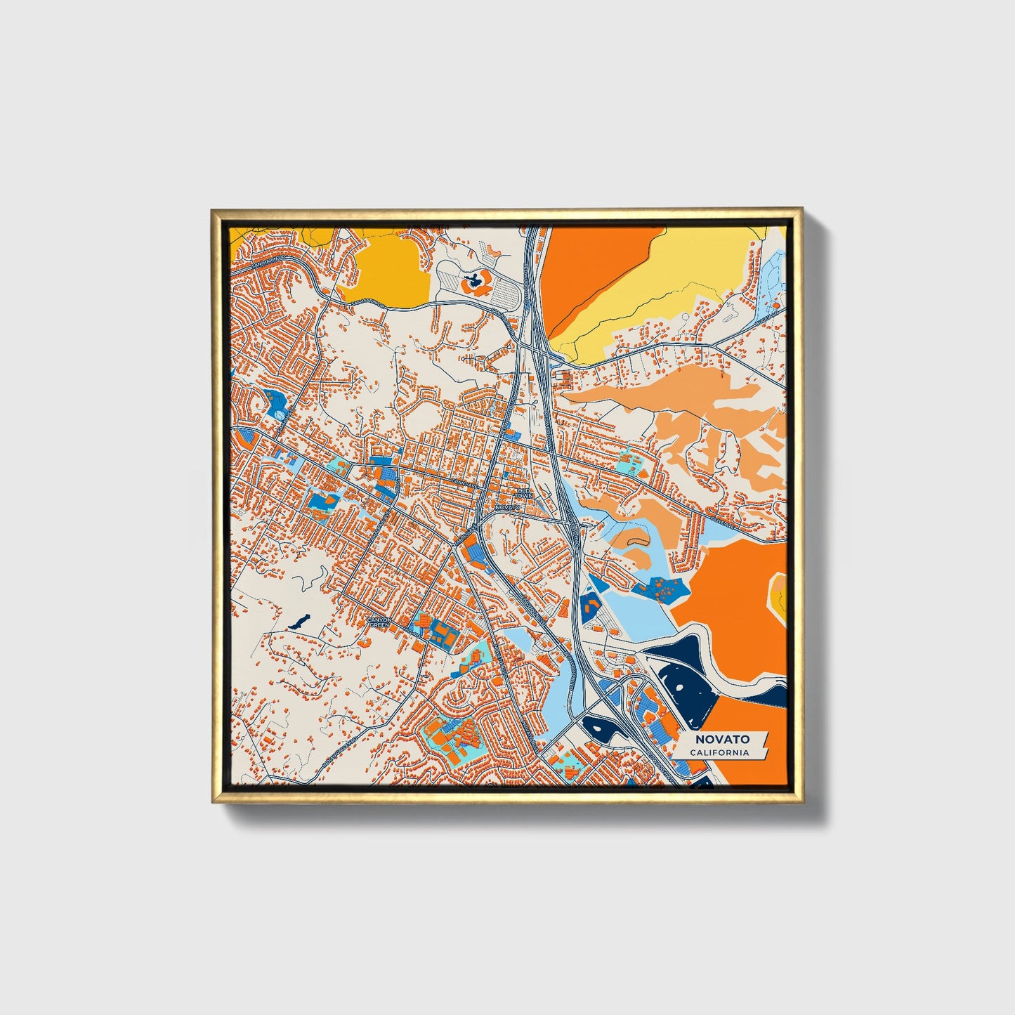 Novato California Colorful City Map Canvas Print • Gold Framed