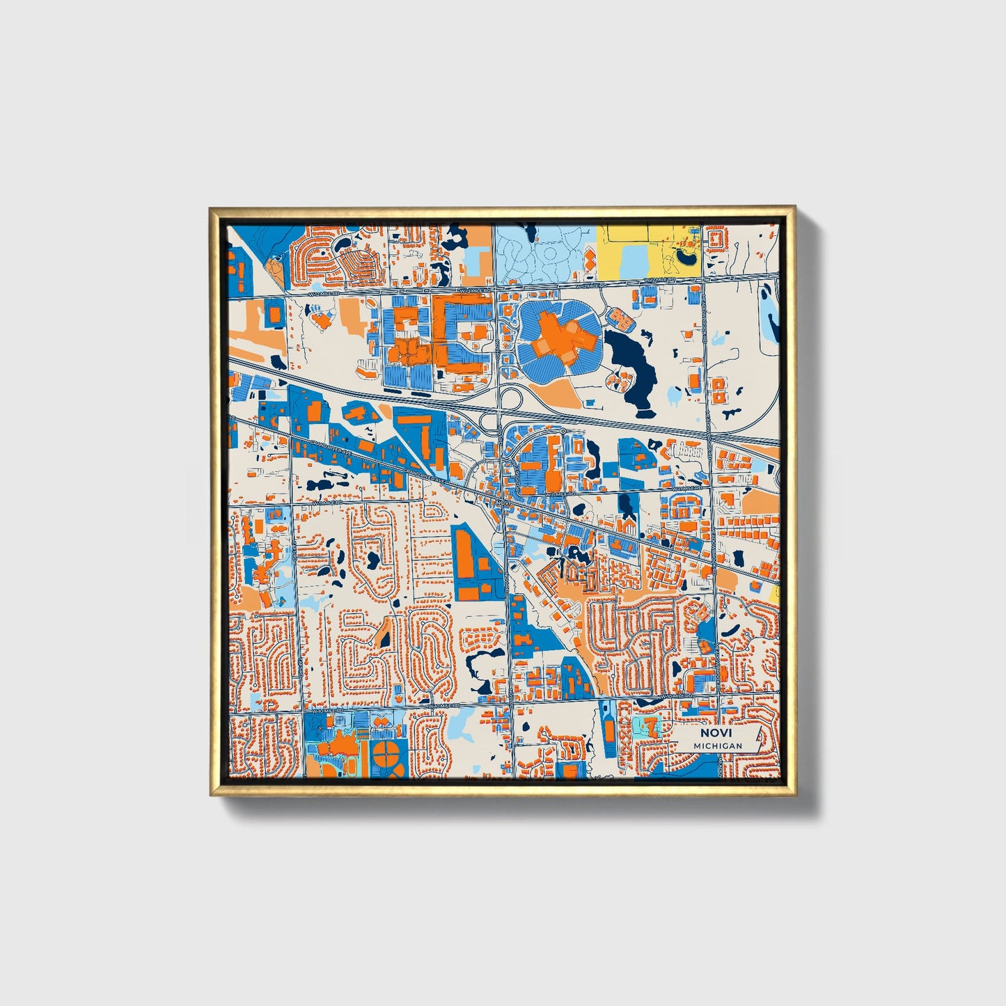 Novi Michigan Colorful City Map Canvas Print • Gold Framed