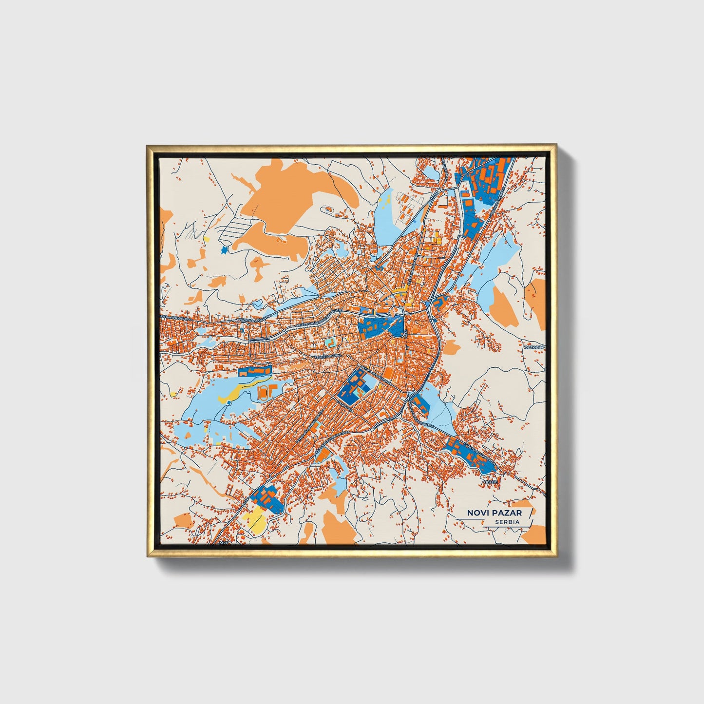 Нови Пазар Serbia Colorful City Map Canvas Print • Gold Framed