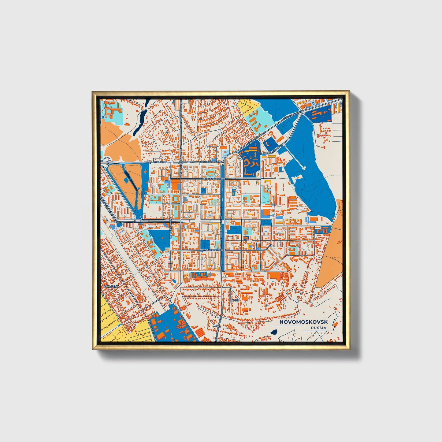 Новомосковск Russia Colorful City Map Canvas Print • Gold Framed