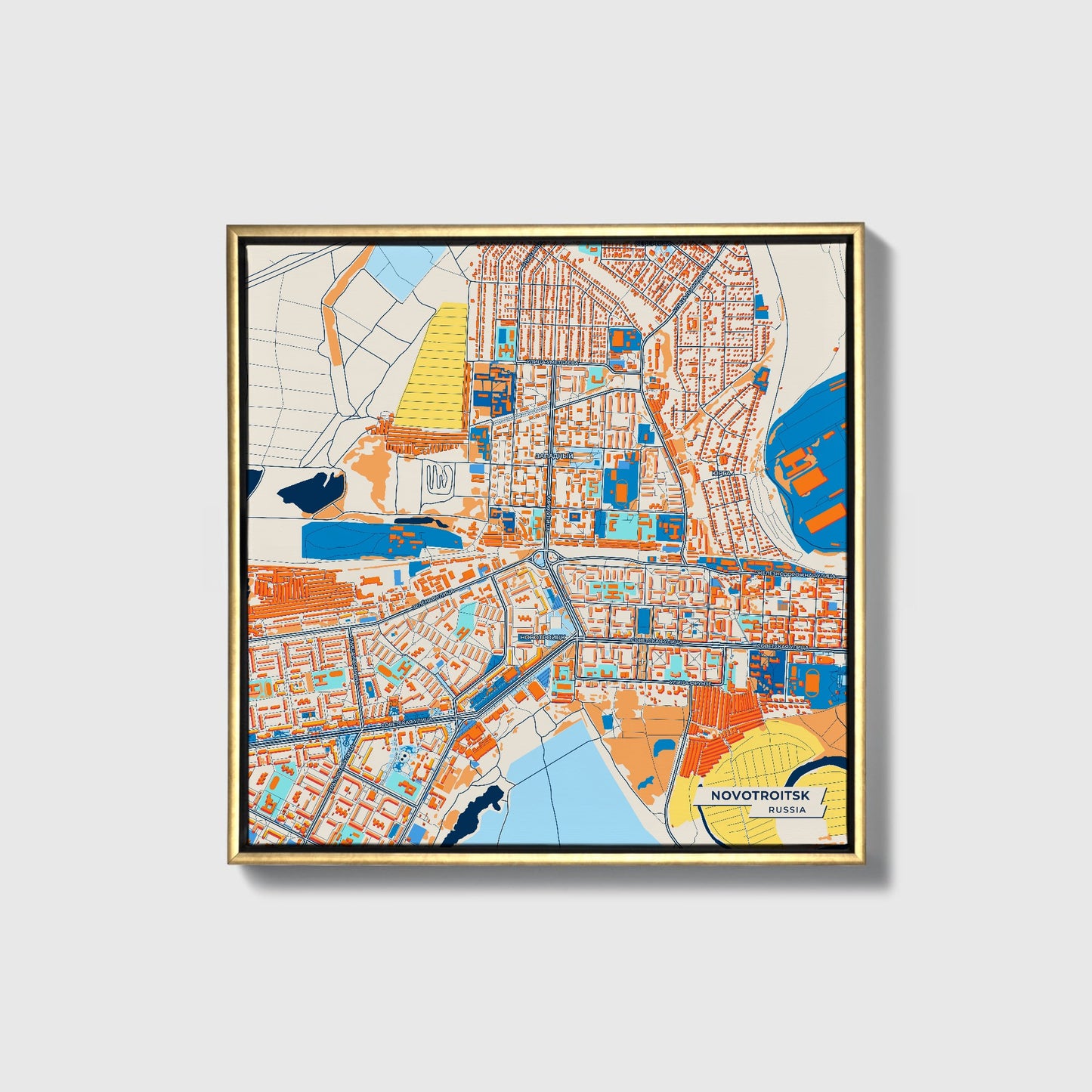 Новотроицк Russia Colorful City Map Canvas Print • Gold Framed